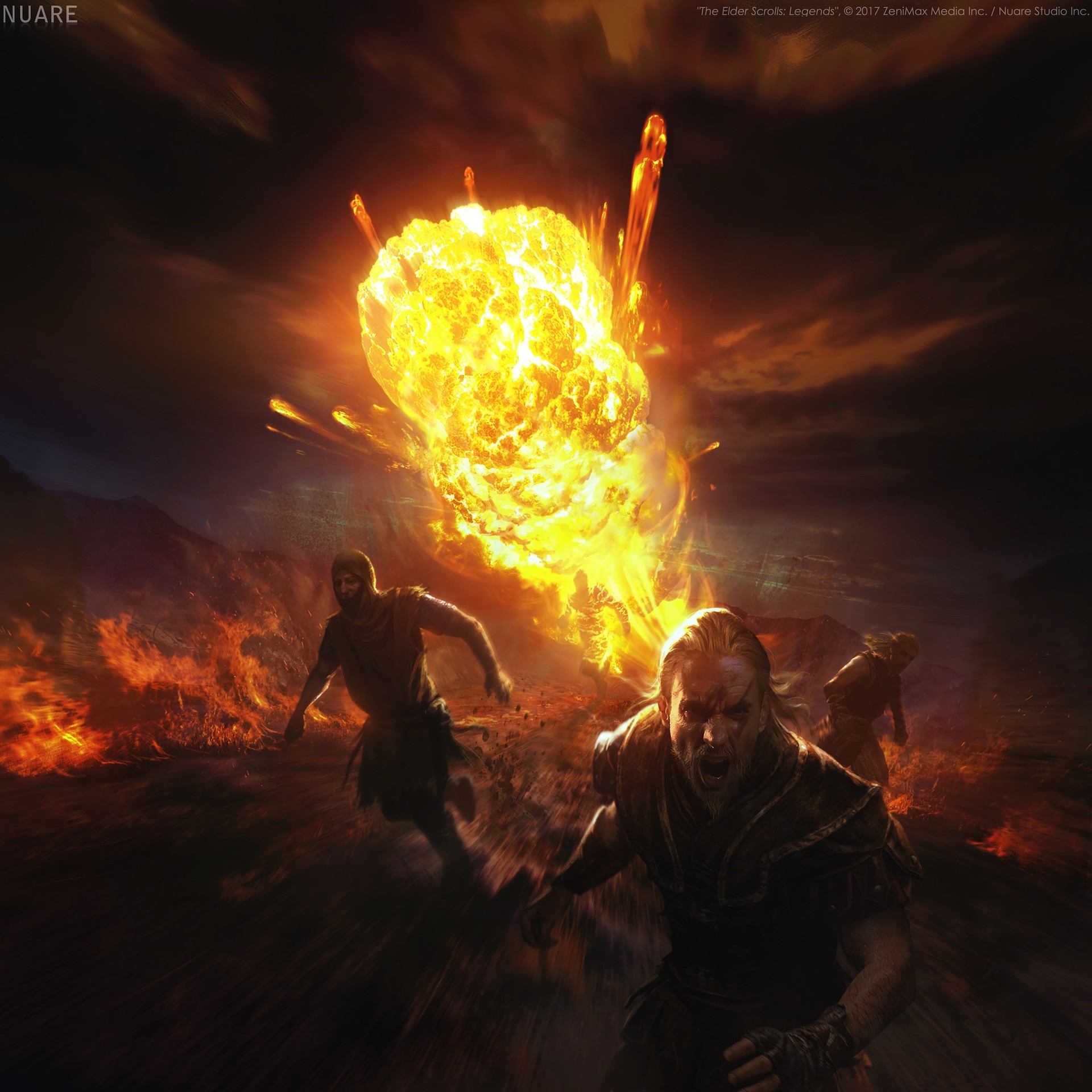 Warriors running from an explosion in The Elder Scrolls: Legends HD Wallpaper