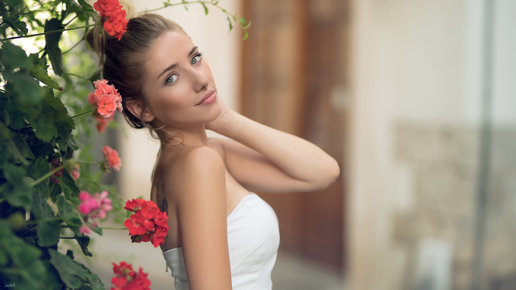 Woman with flowers and white dress HD Wallpaper