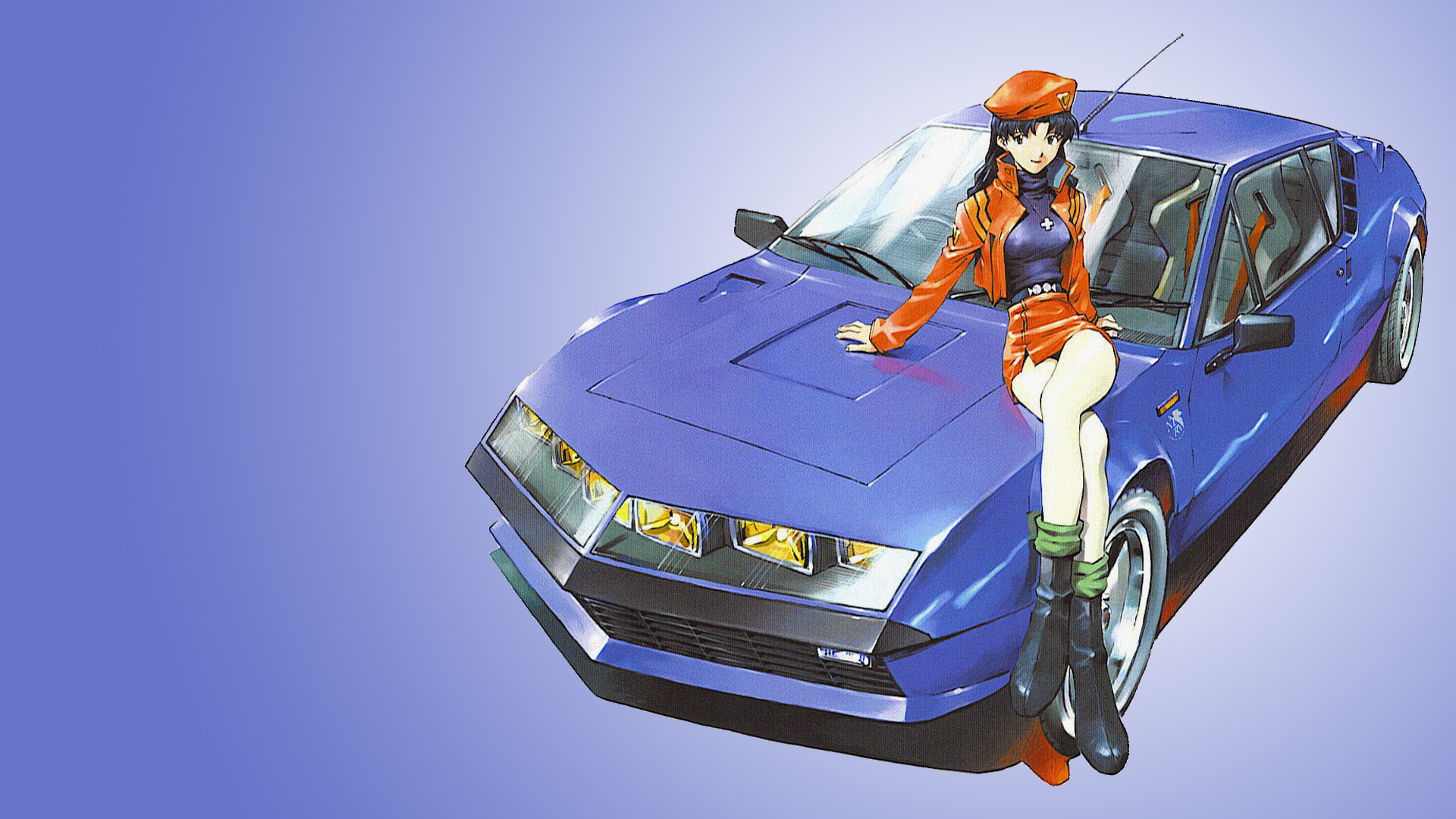 Misato Katsuragi from Neon Genesis Evangelion with a blue Renault Alpine HD Wallpaper
