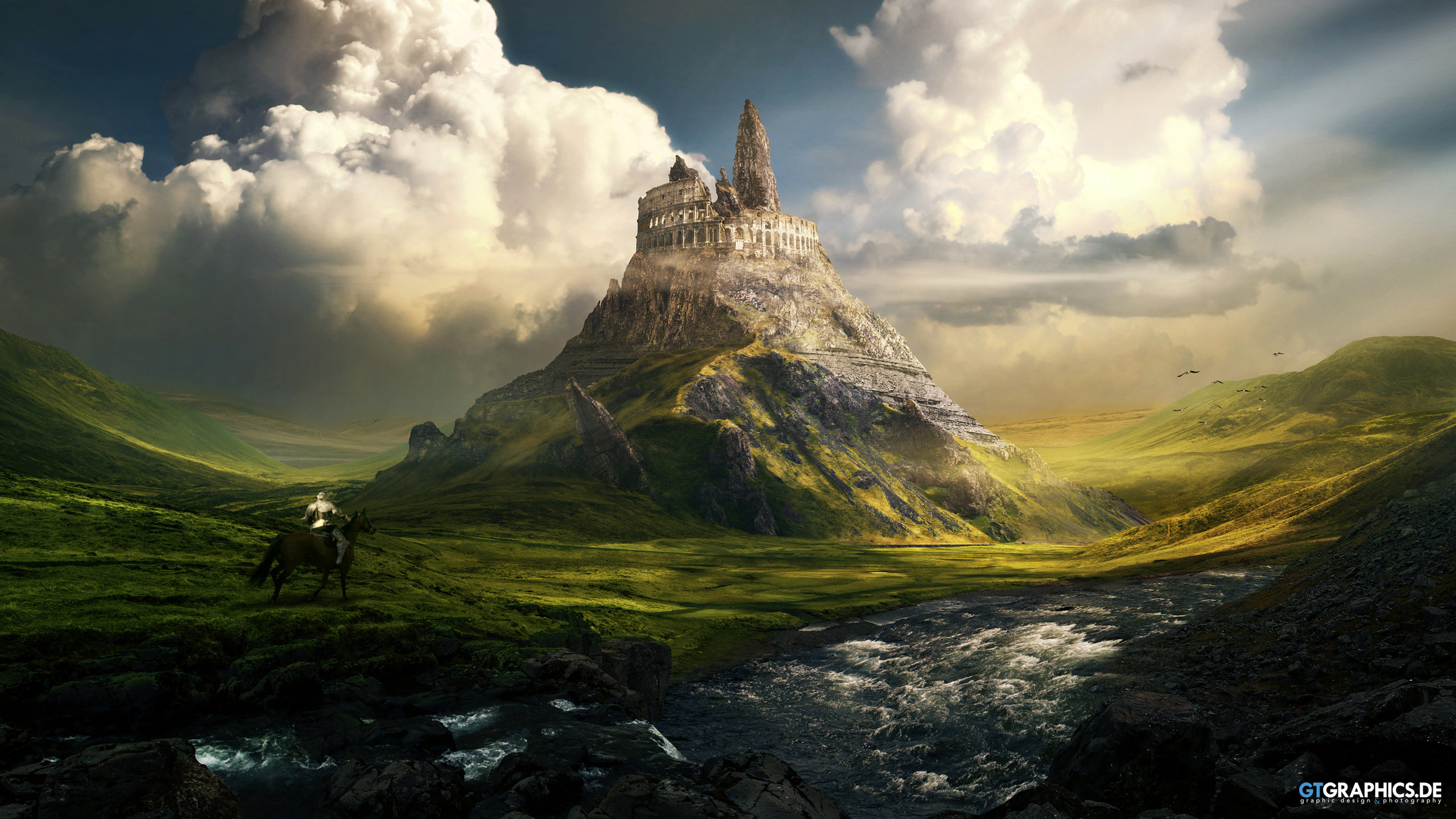 Fantasy art of a castle on a mountain HD Wallpaper