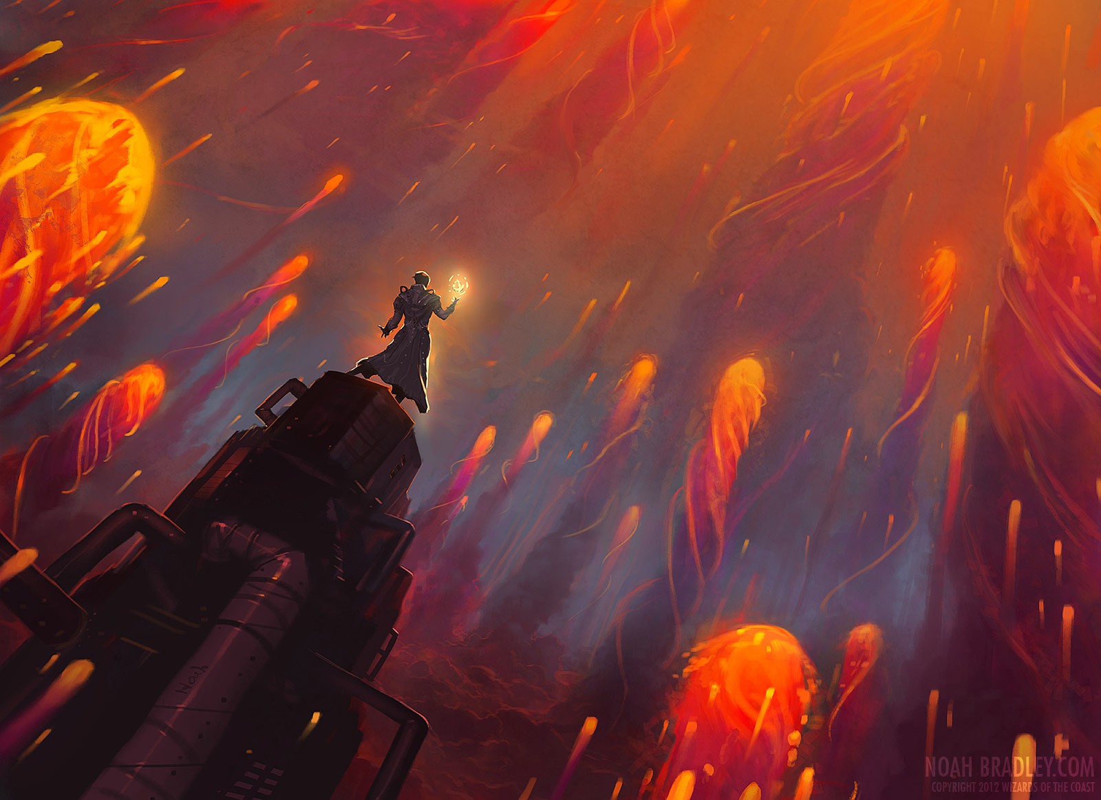 Magic: The Gathering card art with a wizard and fiery orbs HD Wallpaper