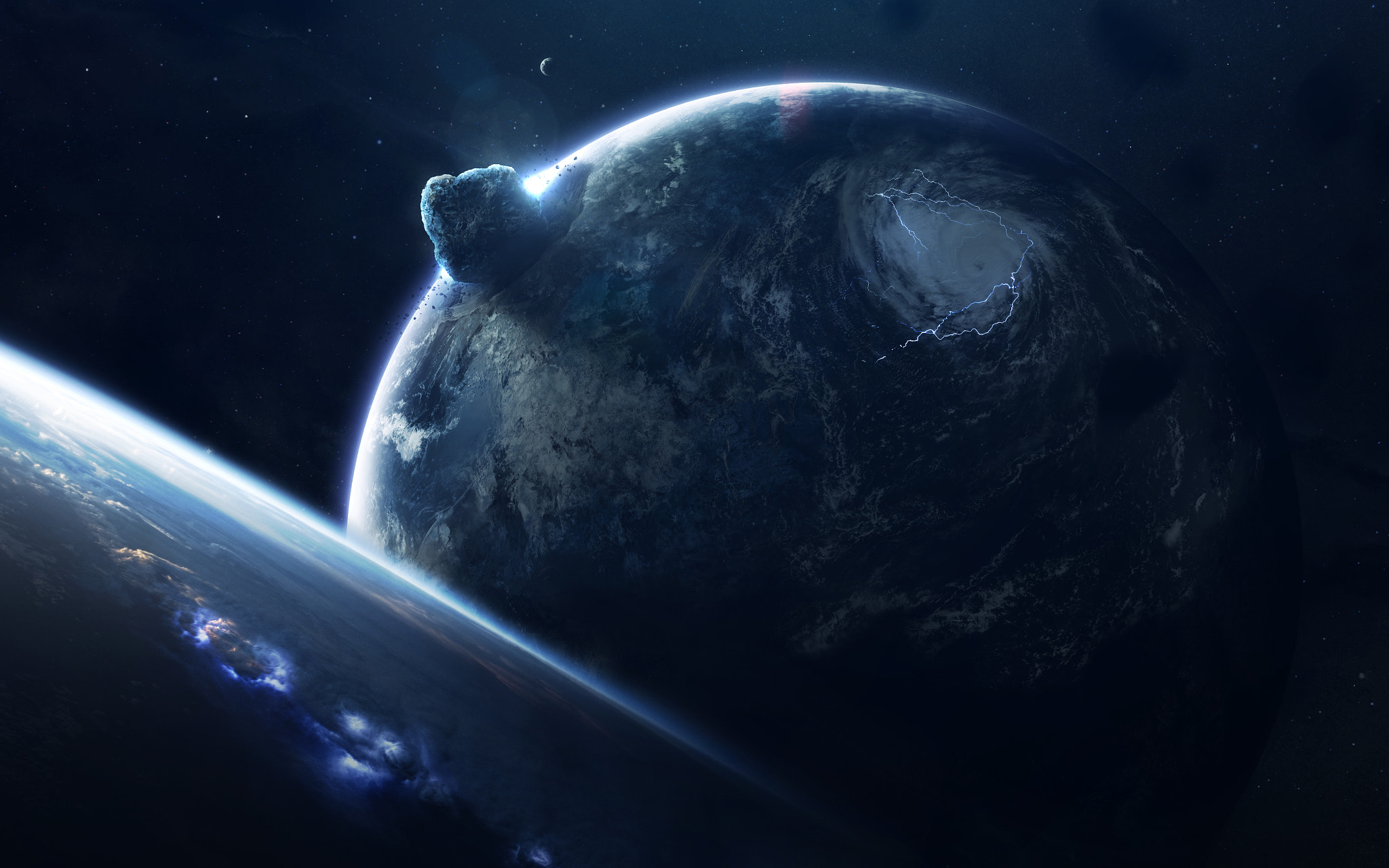 Asteroid impacting a planet with lightning storms HD Wallpaper
