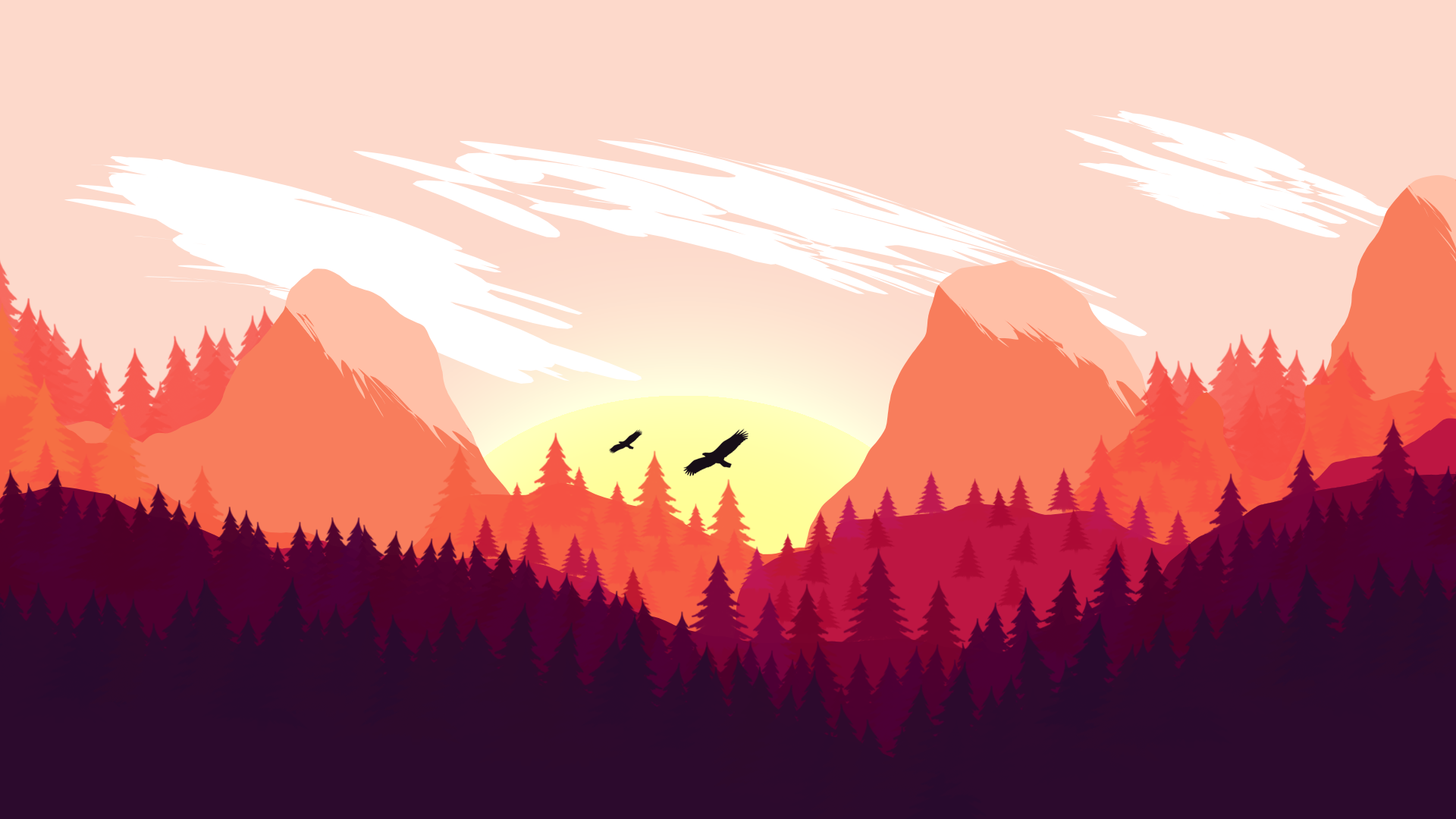 Minimalist mountain landscape with eagles at sunset HD Wallpaper