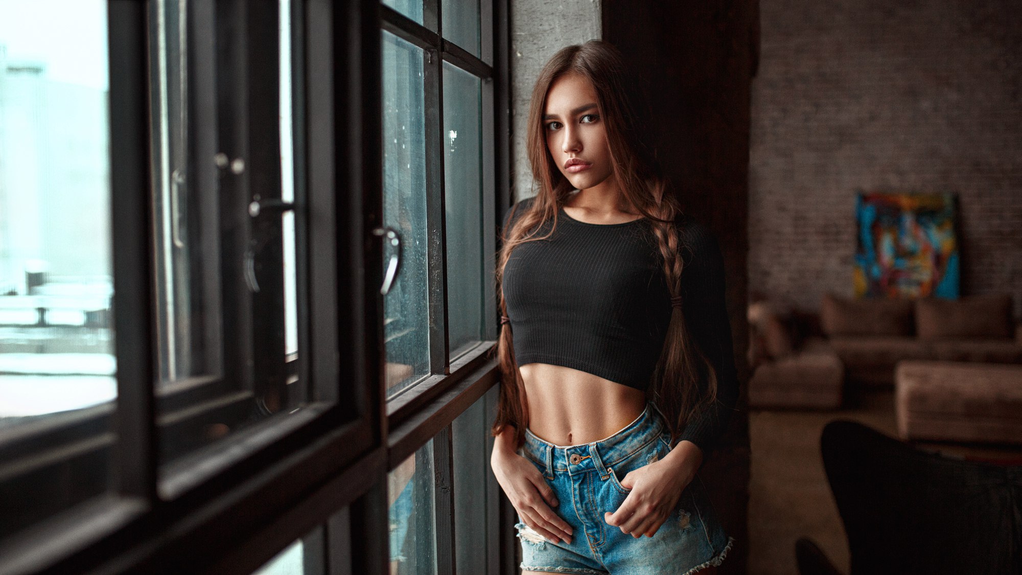 juicy lips, women, braids, brunette, long hair, standing, window, brown eyes, jean shorts, portrait, belly, face, Kirill Rogozhkin, Anastasia Lis HD Wallpaper