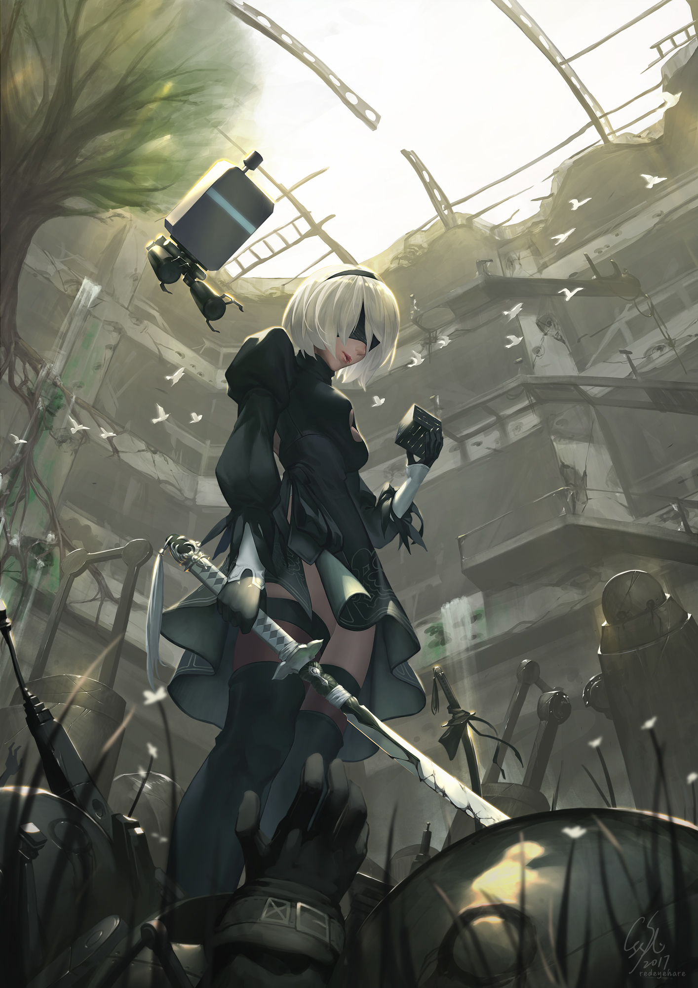 2B from NieR: Automata with Pod HD Wallpaper