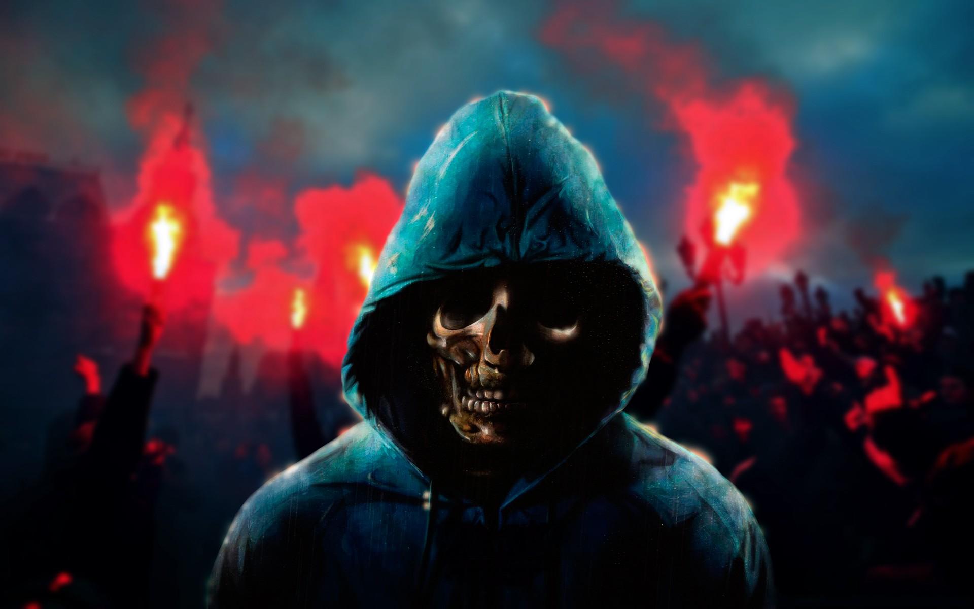 Skull in a hood with red flares HD Wallpaper