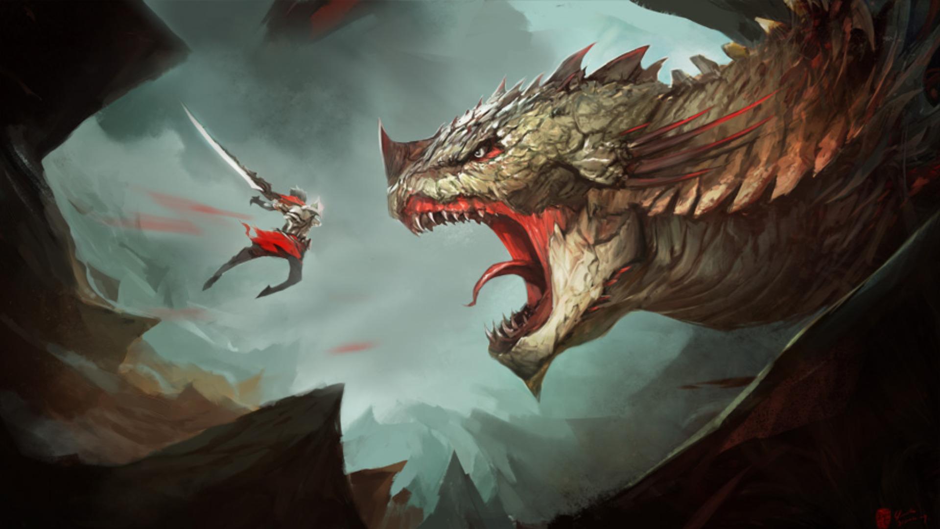 Warrior fighting a dragon in a rocky landscape HD Wallpaper