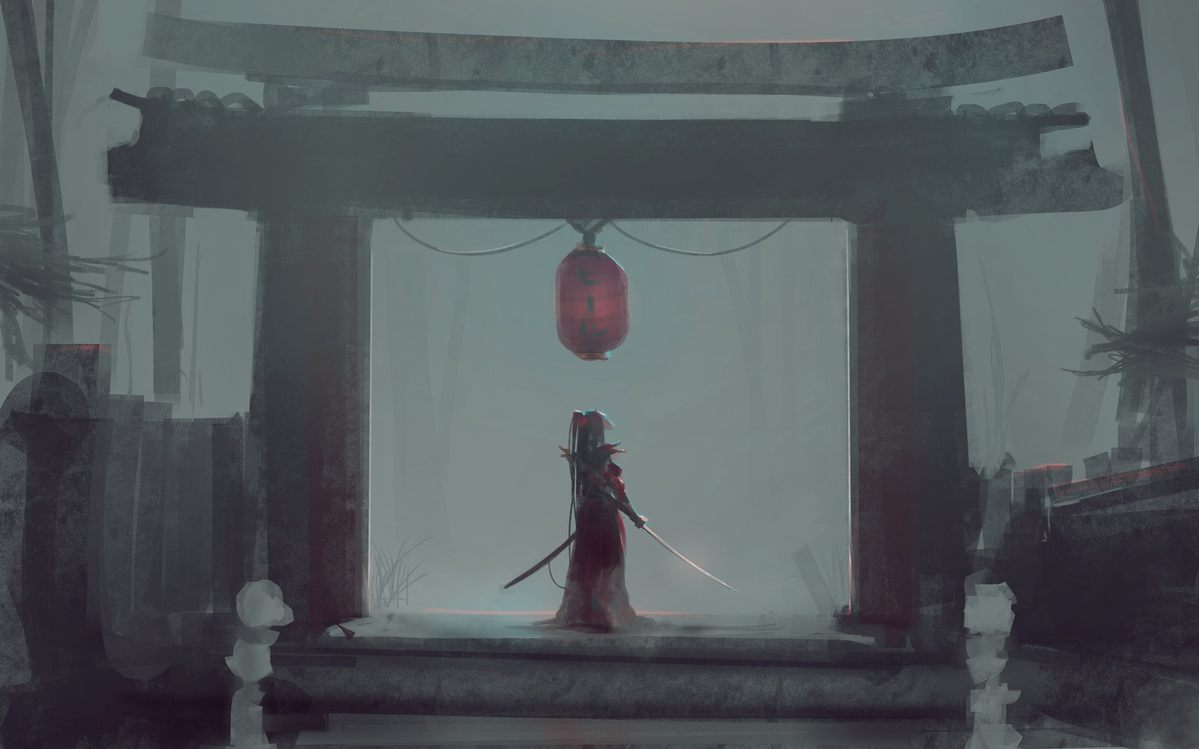 Samurai warrior under a Japanese torii gate with a lantern HD Wallpaper