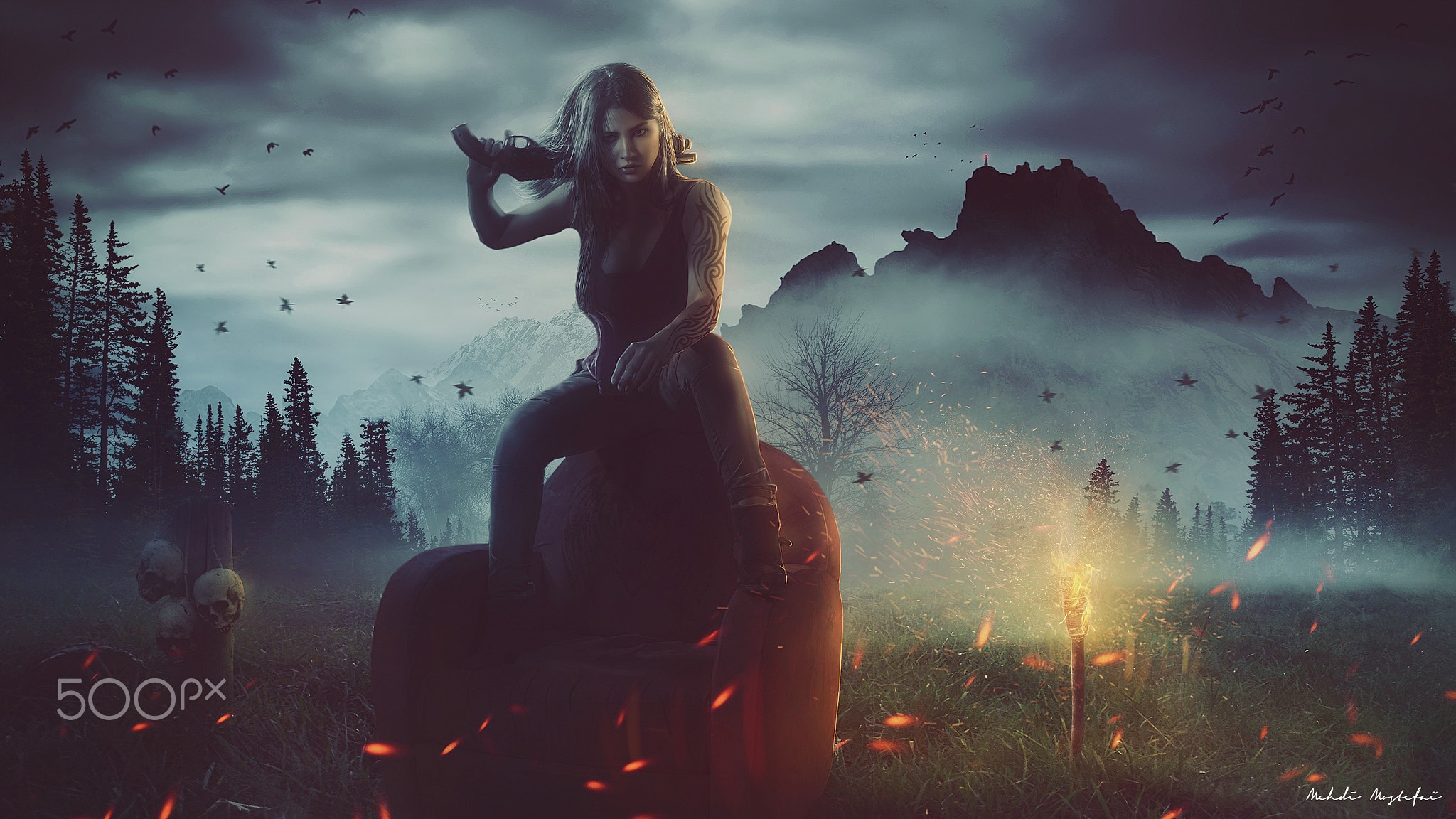 Fantasy girl with weapon in a dark forest HD Wallpaper