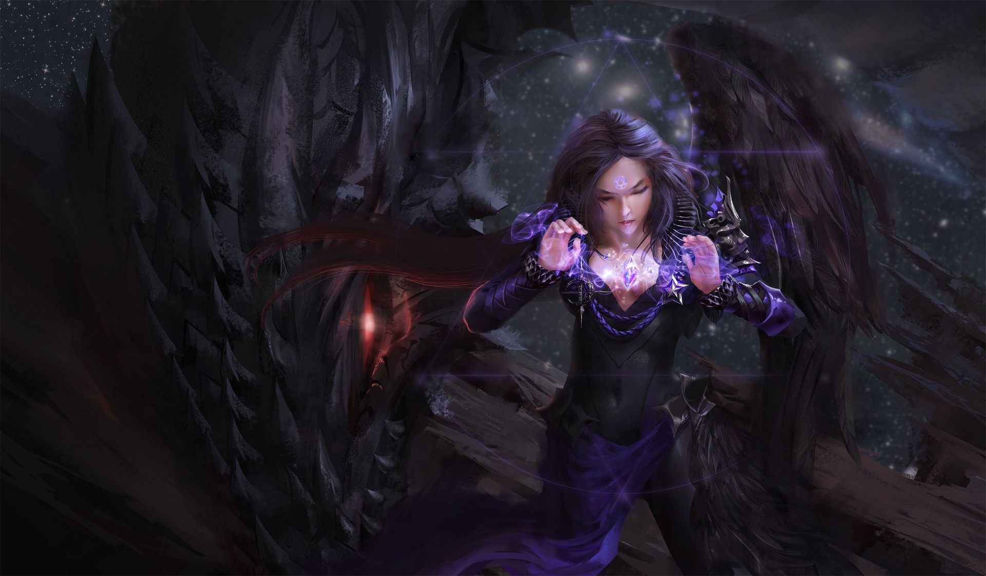 Fantasy art of a sorceress and a dragon HD Wallpaper