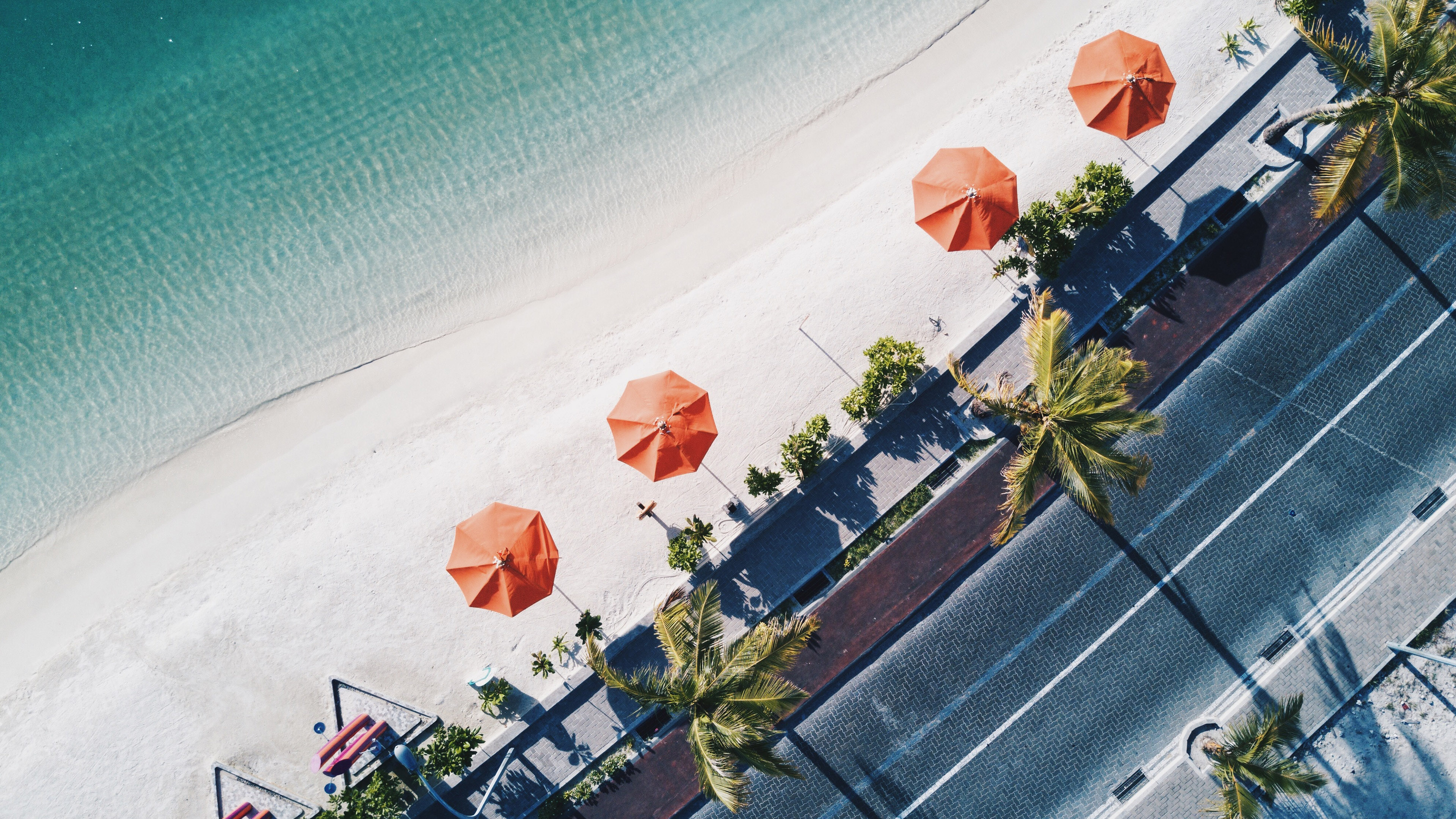 Aerial view of a tropical beach with orange umbrellas and palm trees HD Wallpaper