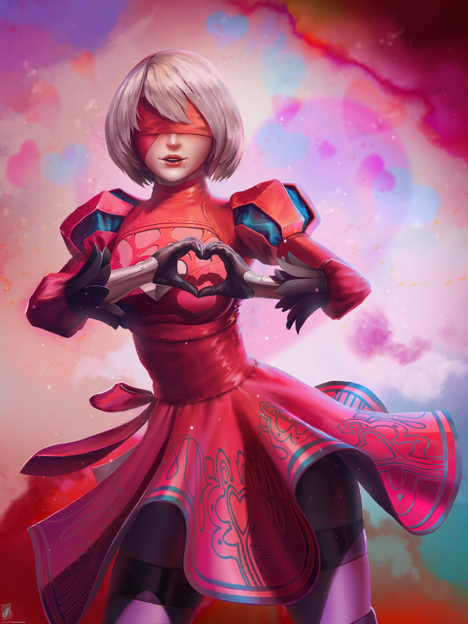 2B from Nier: Automata making a heart shape HD Wallpaper
