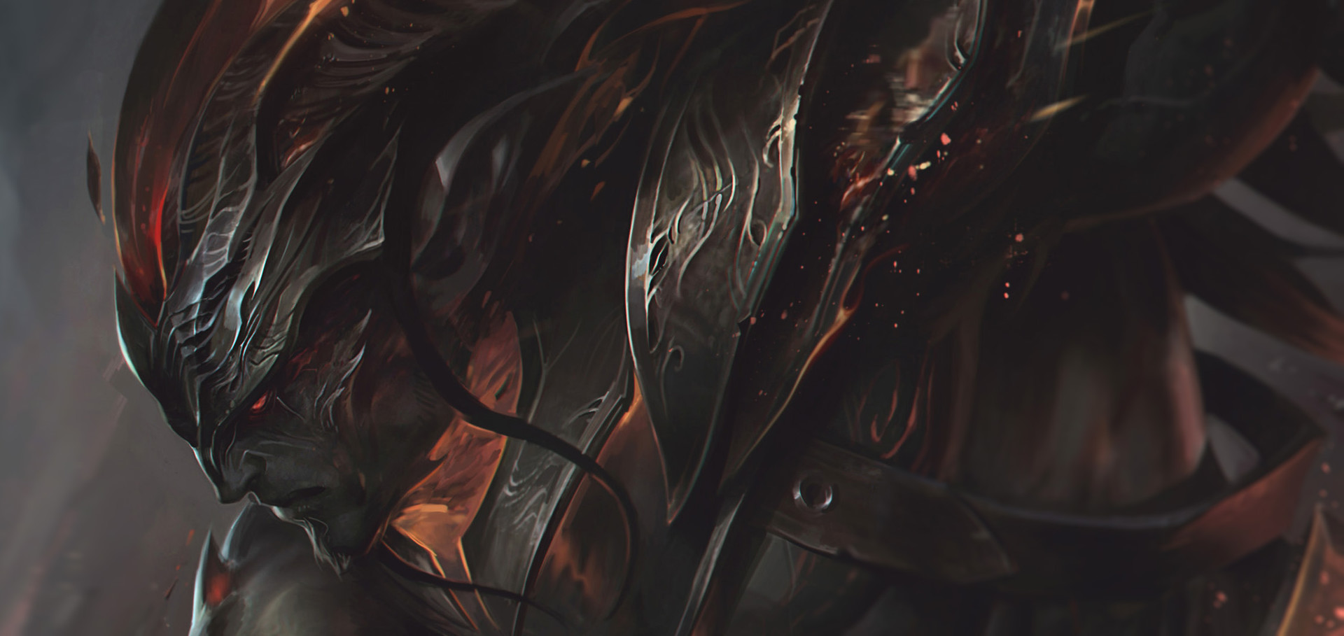 A dark warrior with glowing red eyes and ornate armor HD Wallpaper