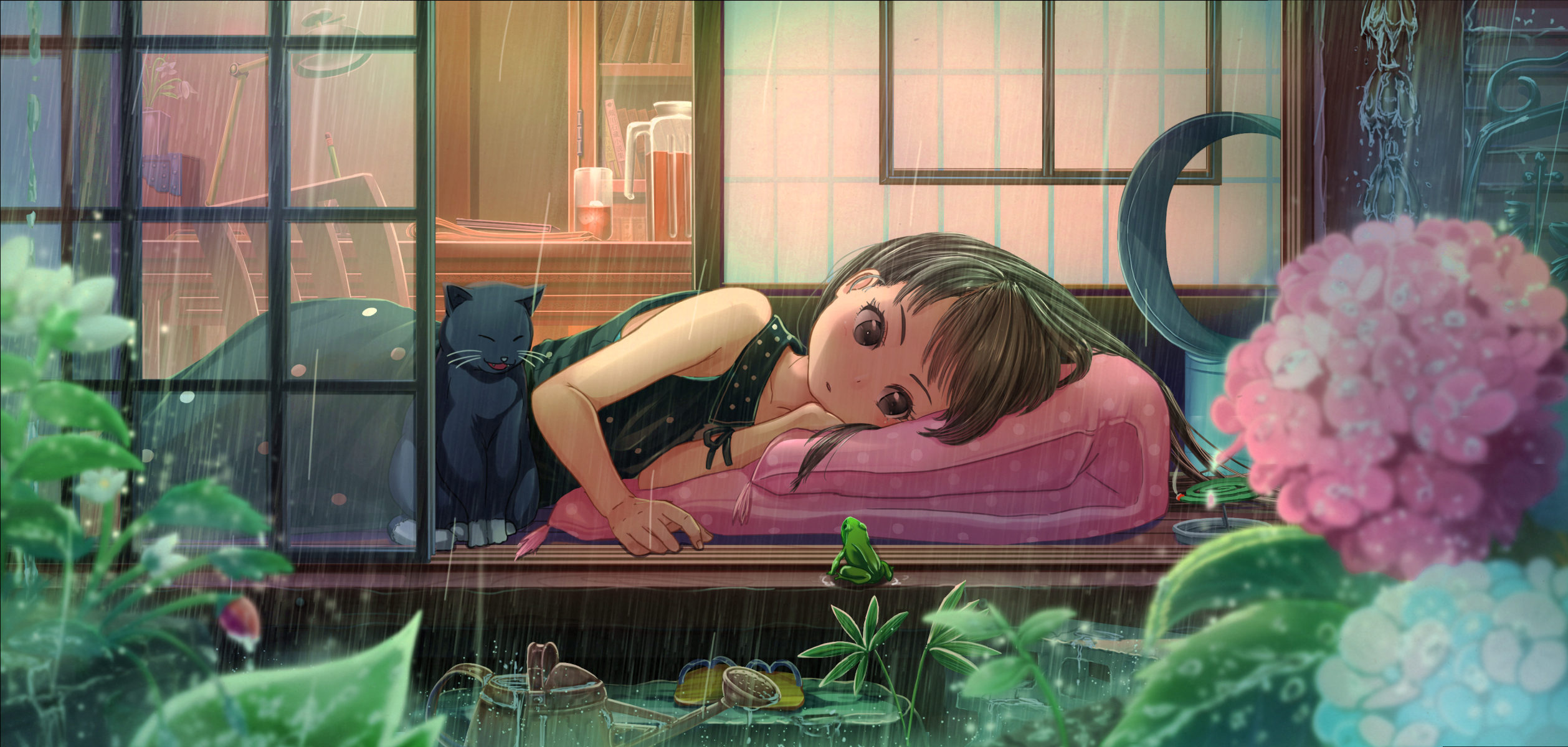 Girl with cat and frog in the rain HD Wallpaper