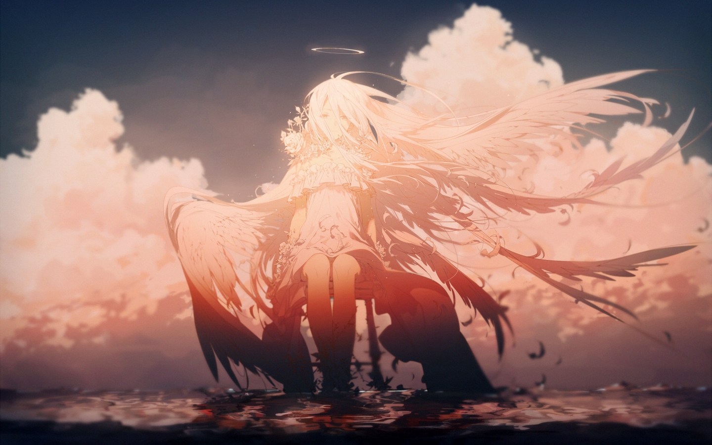 Angel with large wings sitting on water HD Wallpaper