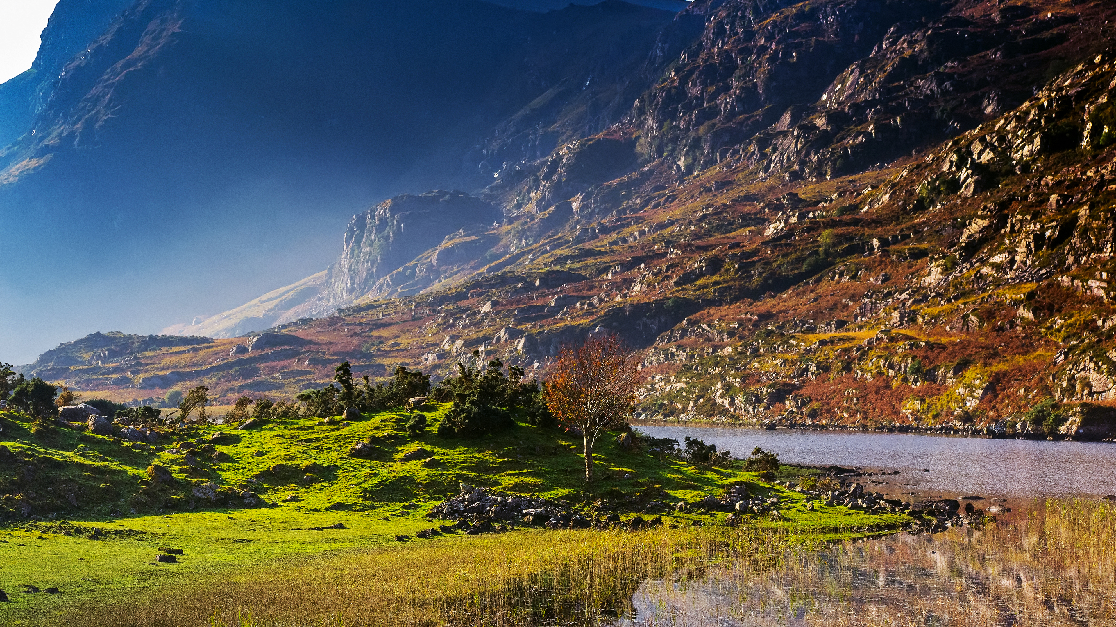 Mountain landscape with a lake and green hills HD Wallpaper