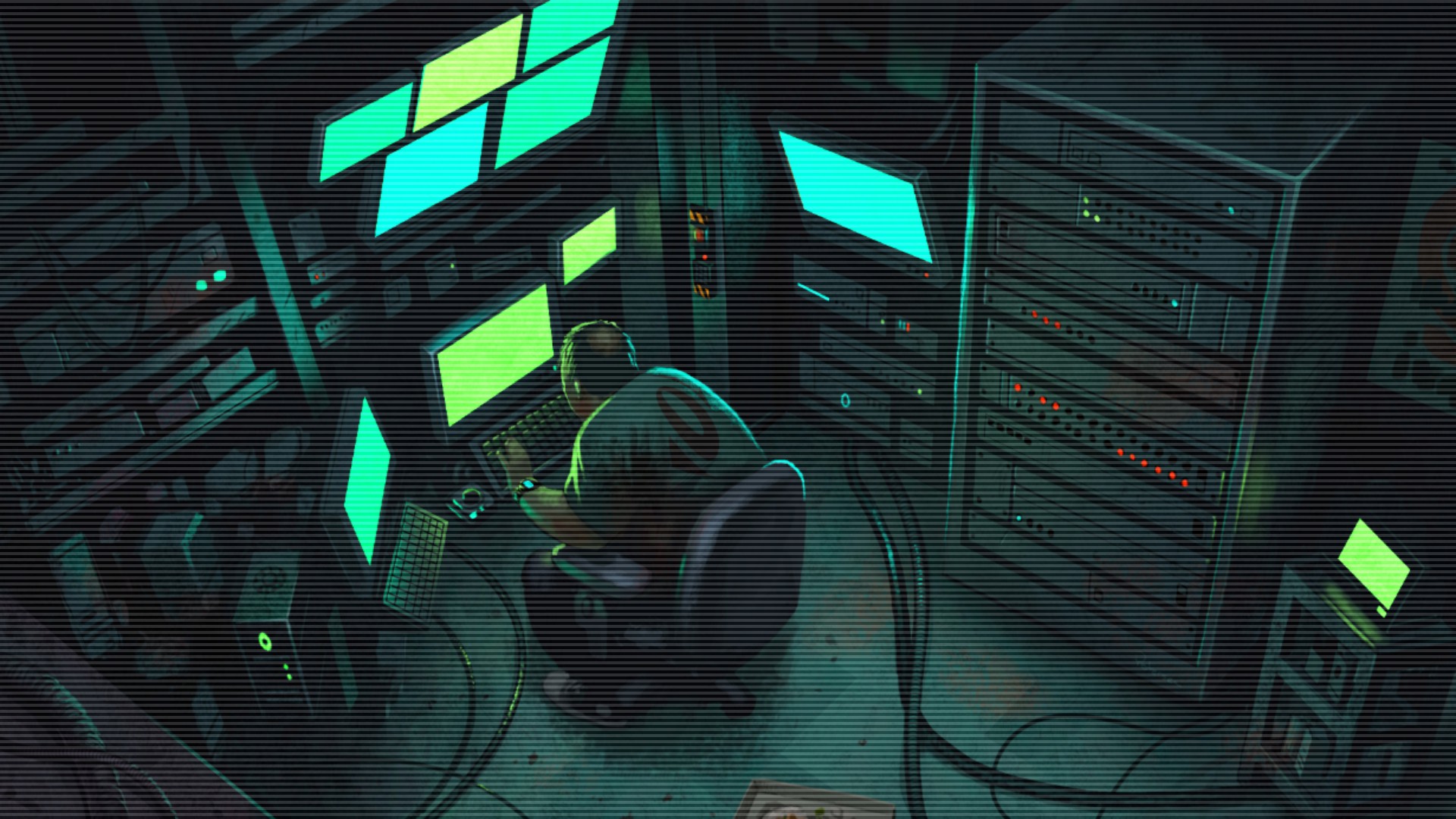 Hacker in a dark room with multiple computer monitors and servers HD Wallpaper