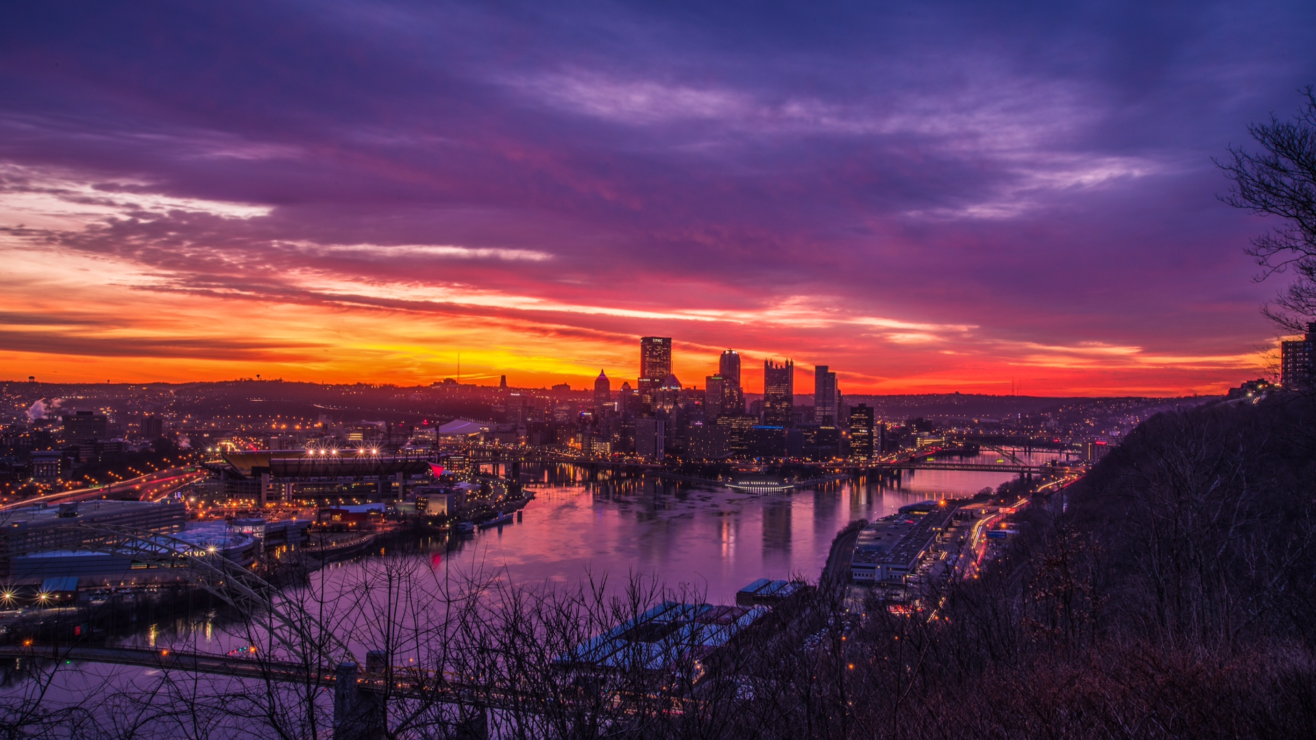 Pittsburgh cityscape at sunset with river HD Wallpaper