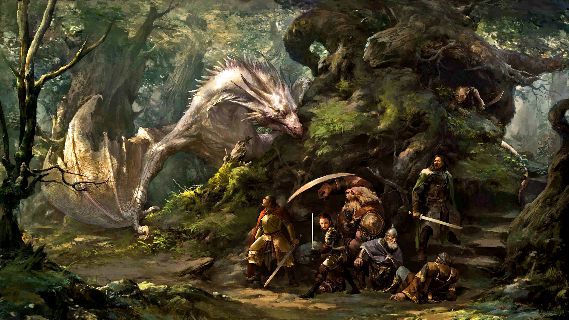 Dragon and adventurers in a forest clearing HD Wallpaper