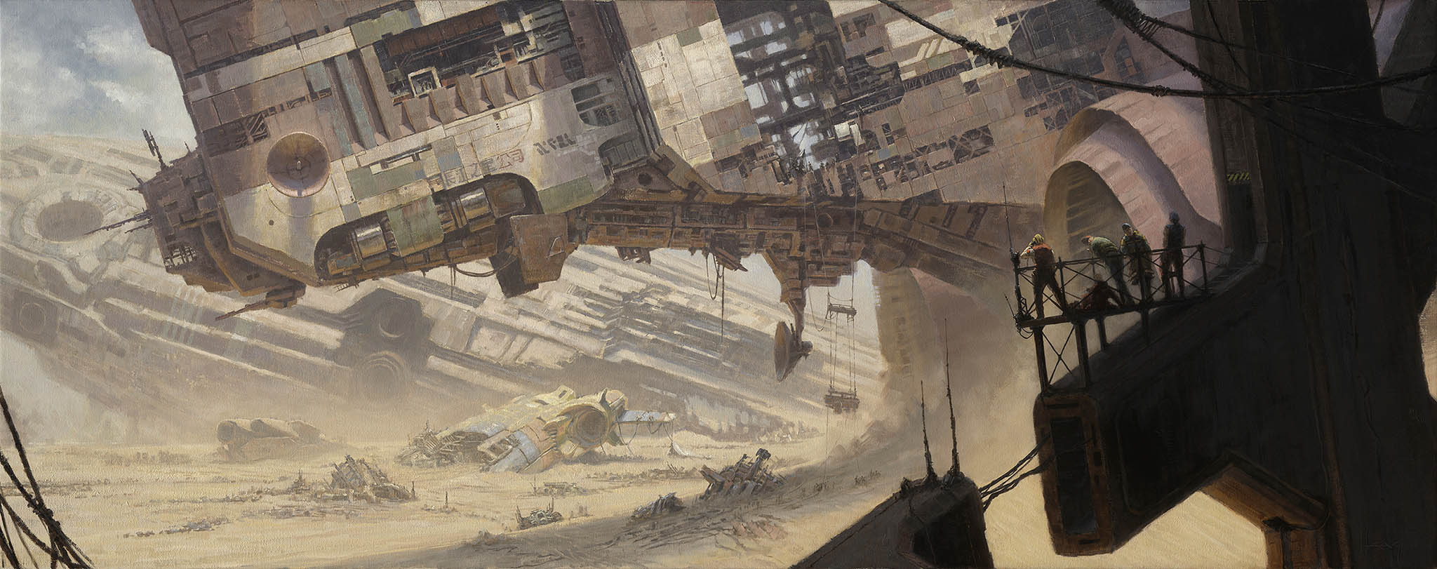 Futuristic desert landscape with crashed spacecraft HD Wallpaper