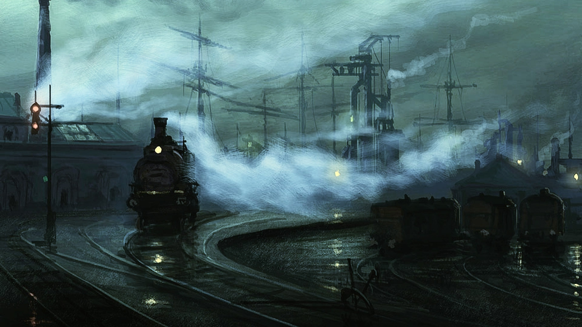 Steam train at a foggy industrial railway station HD Wallpaper
