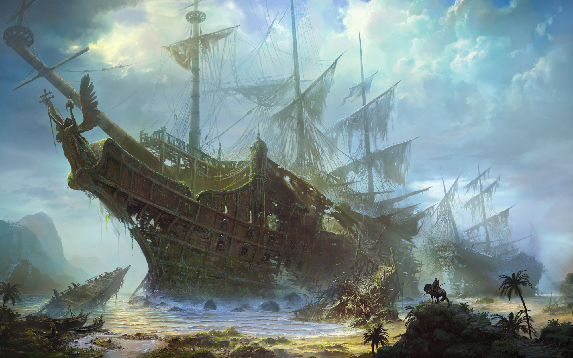 Digital art of a fleet of wrecked sailing ships on a beach HD Wallpaper