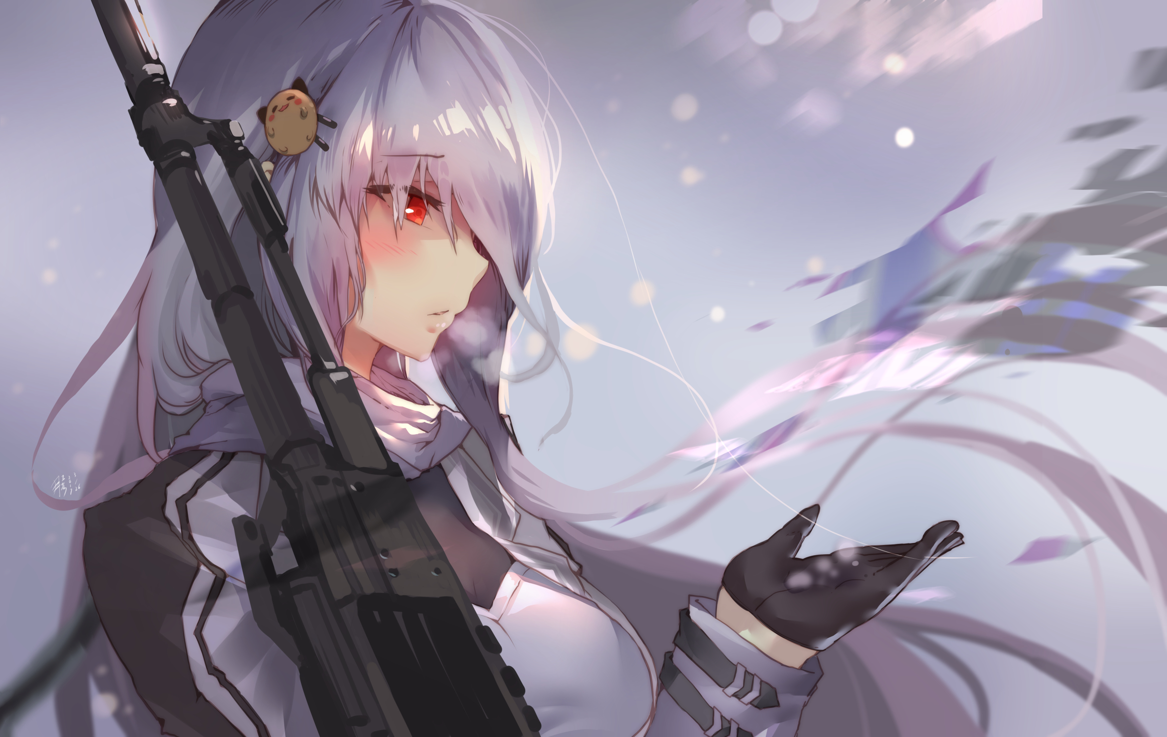 Anime girl with white hair and red eyes holding a rifle HD Wallpaper