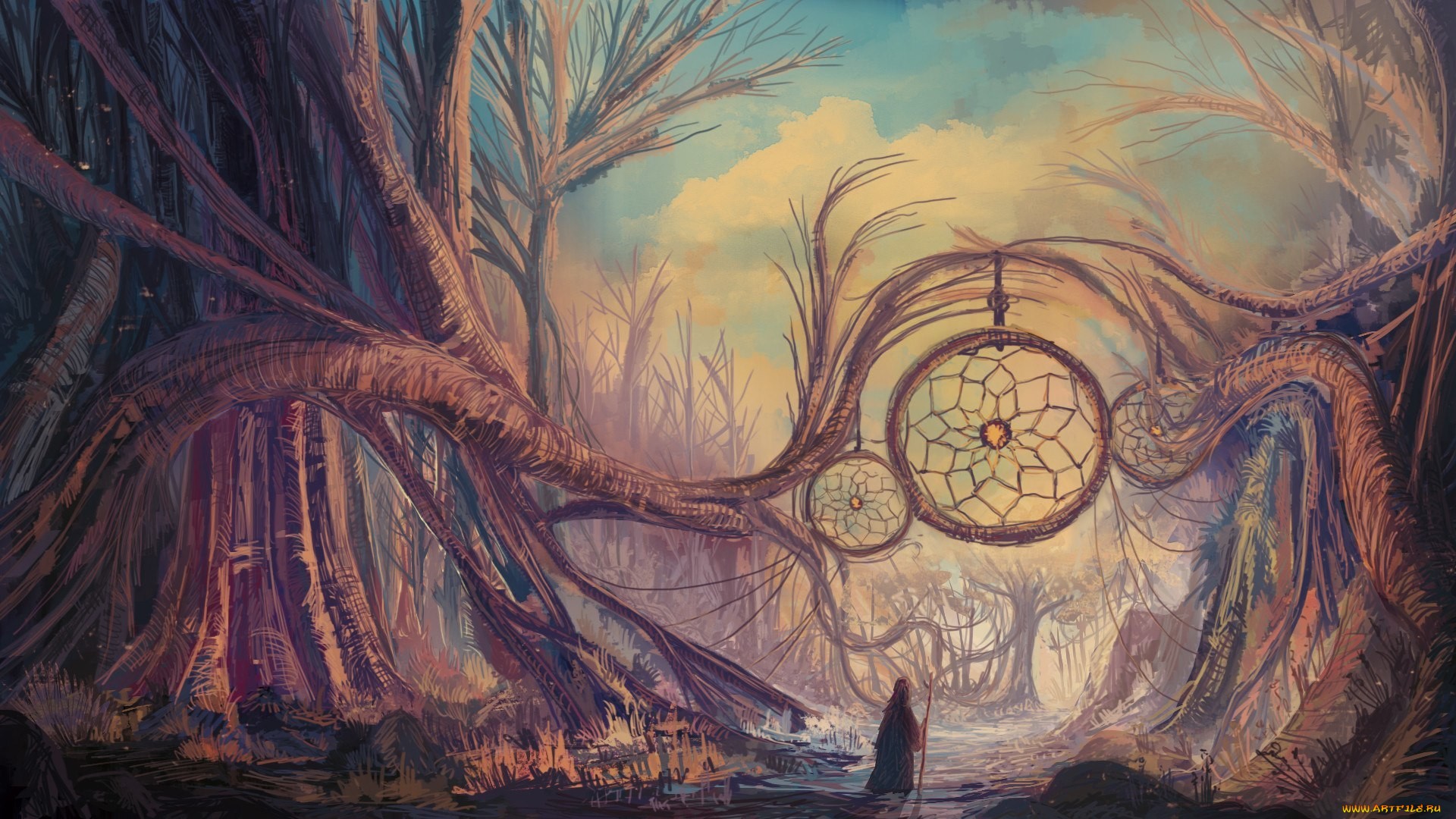 Fantasy forest with dreamcatchers and a cloaked figure HD Wallpaper