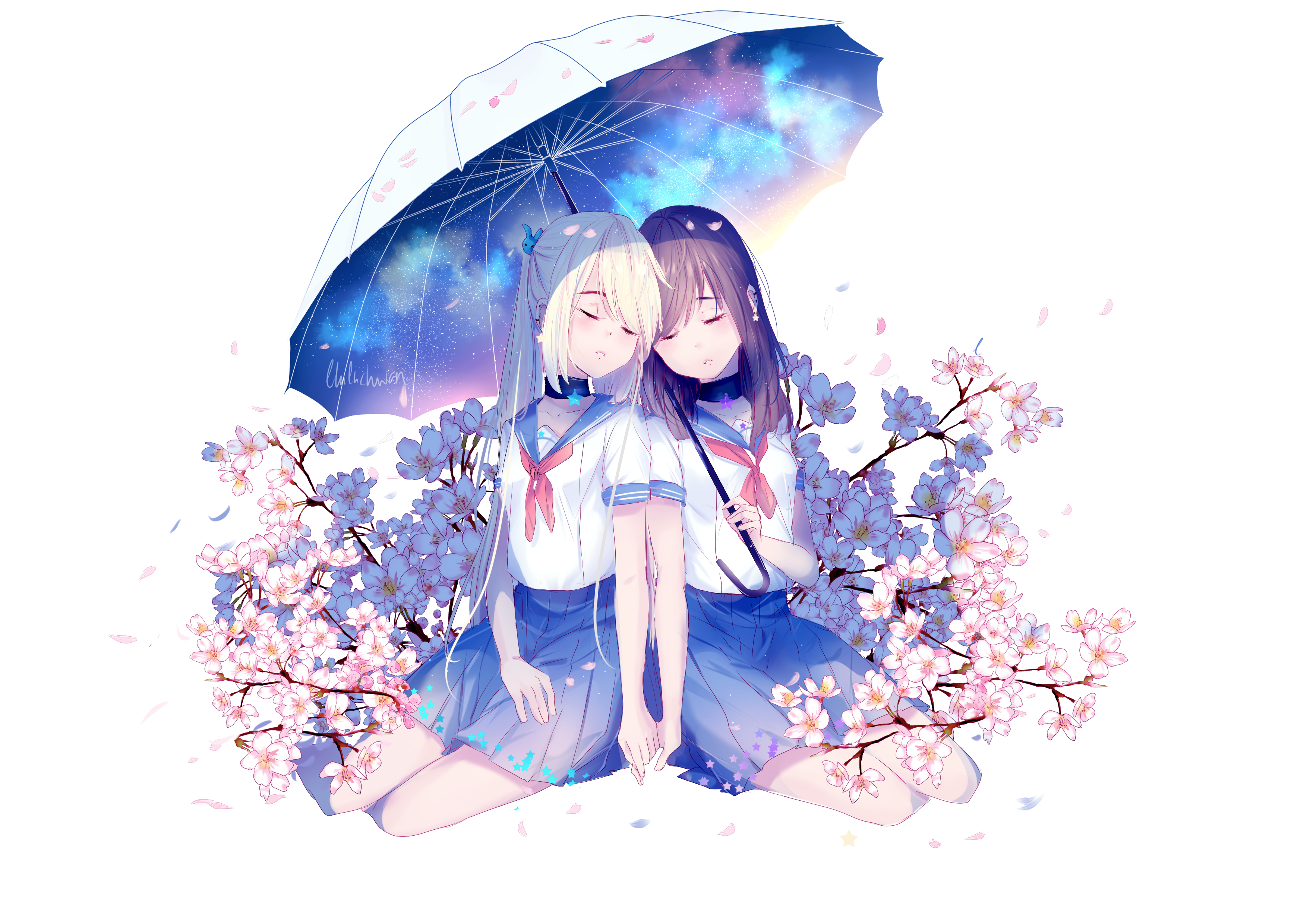 Two girls in school uniforms under a galaxy umbrella with flowers HD Wallpaper