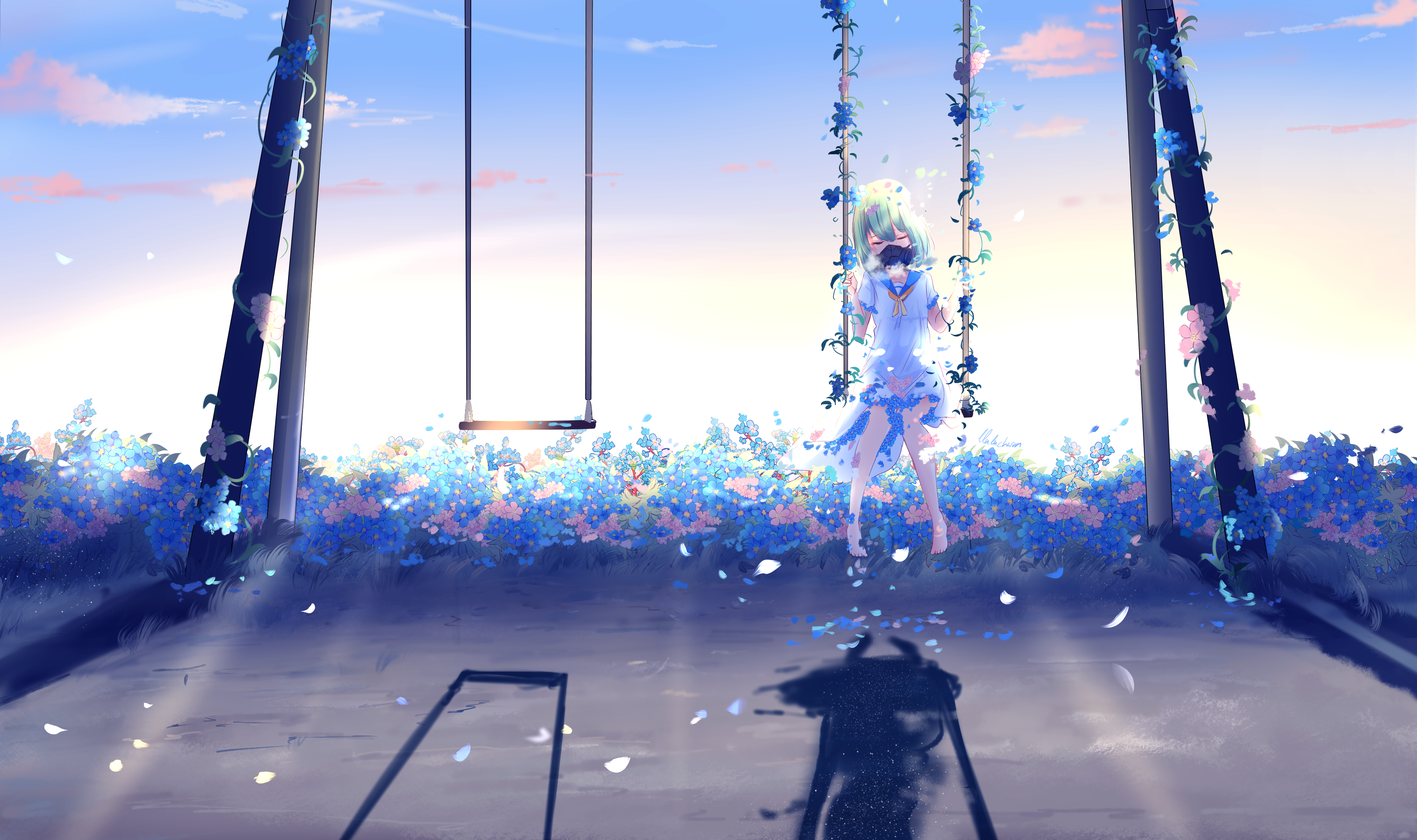 Girl on a swing in a field of blue flowers HD Wallpaper