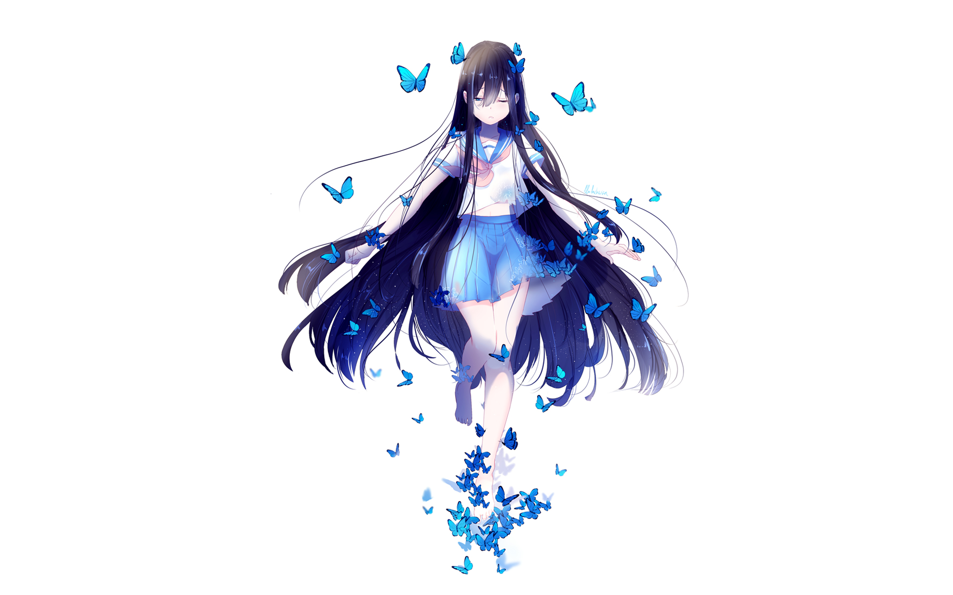 Anime girl with long black hair surrounded by blue butterflies HD Wallpaper