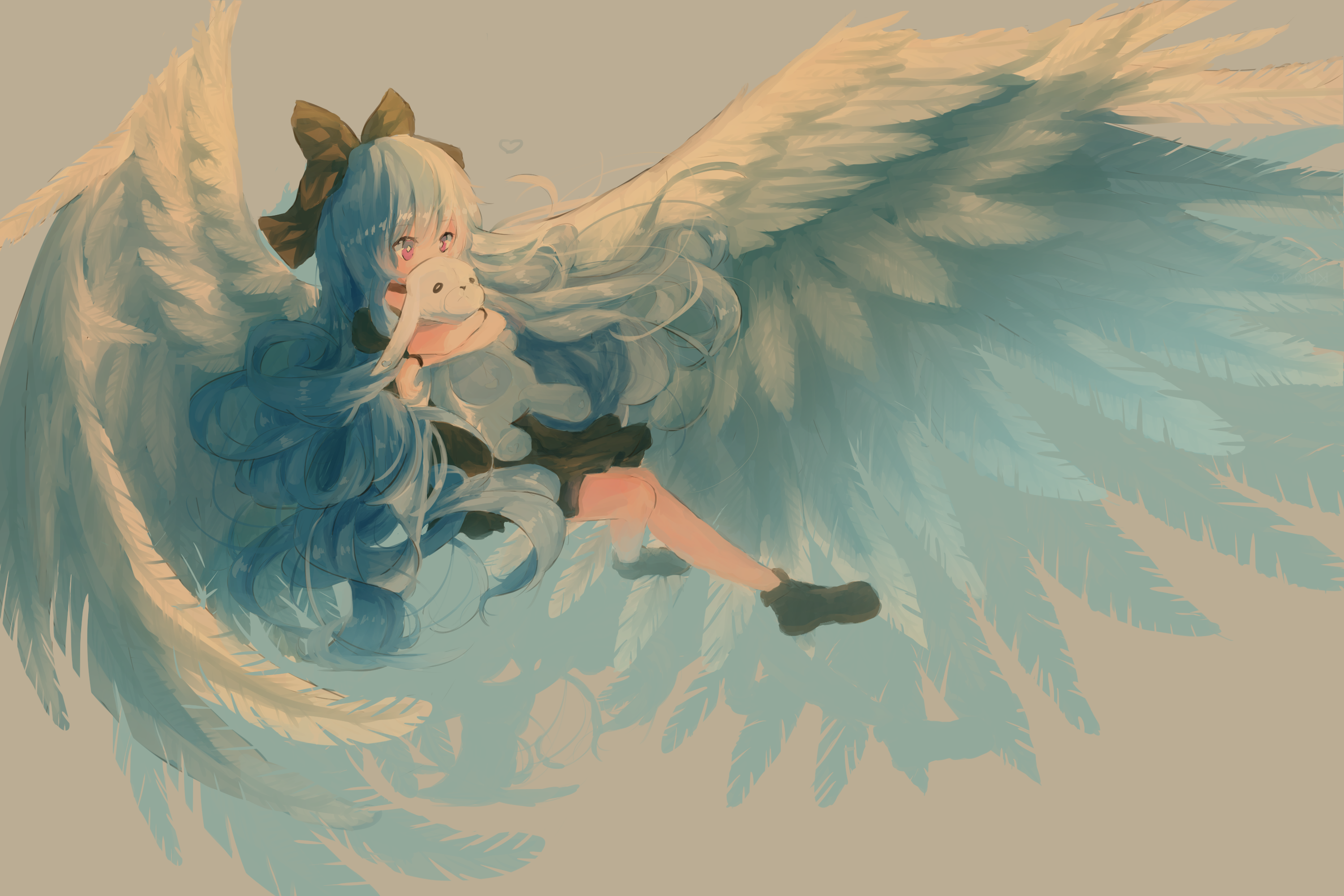 Angel girl holding a stuffed rabbit with large wings HD Wallpaper