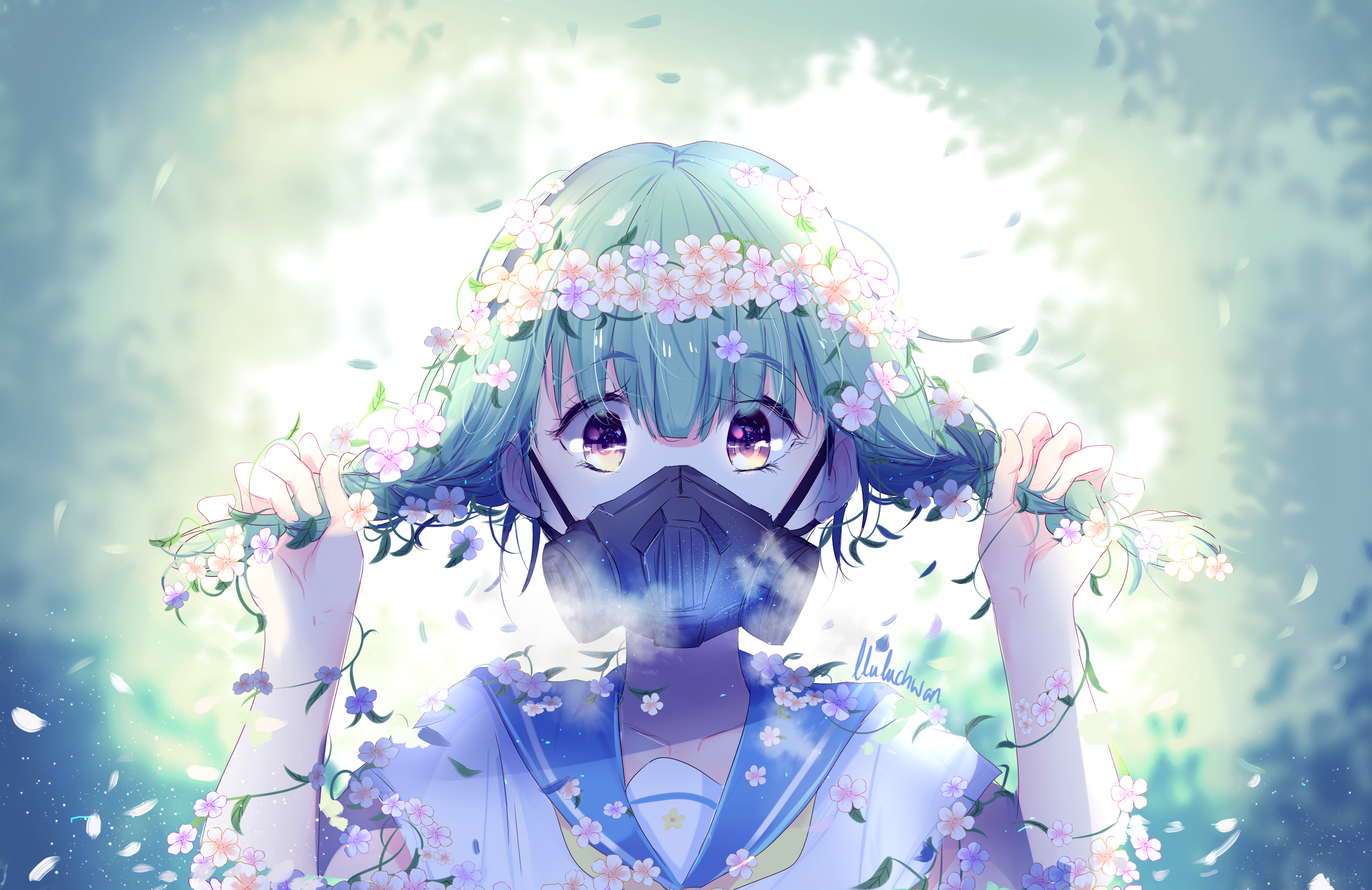 Anime girl with flower crown and gas mask HD Wallpaper
