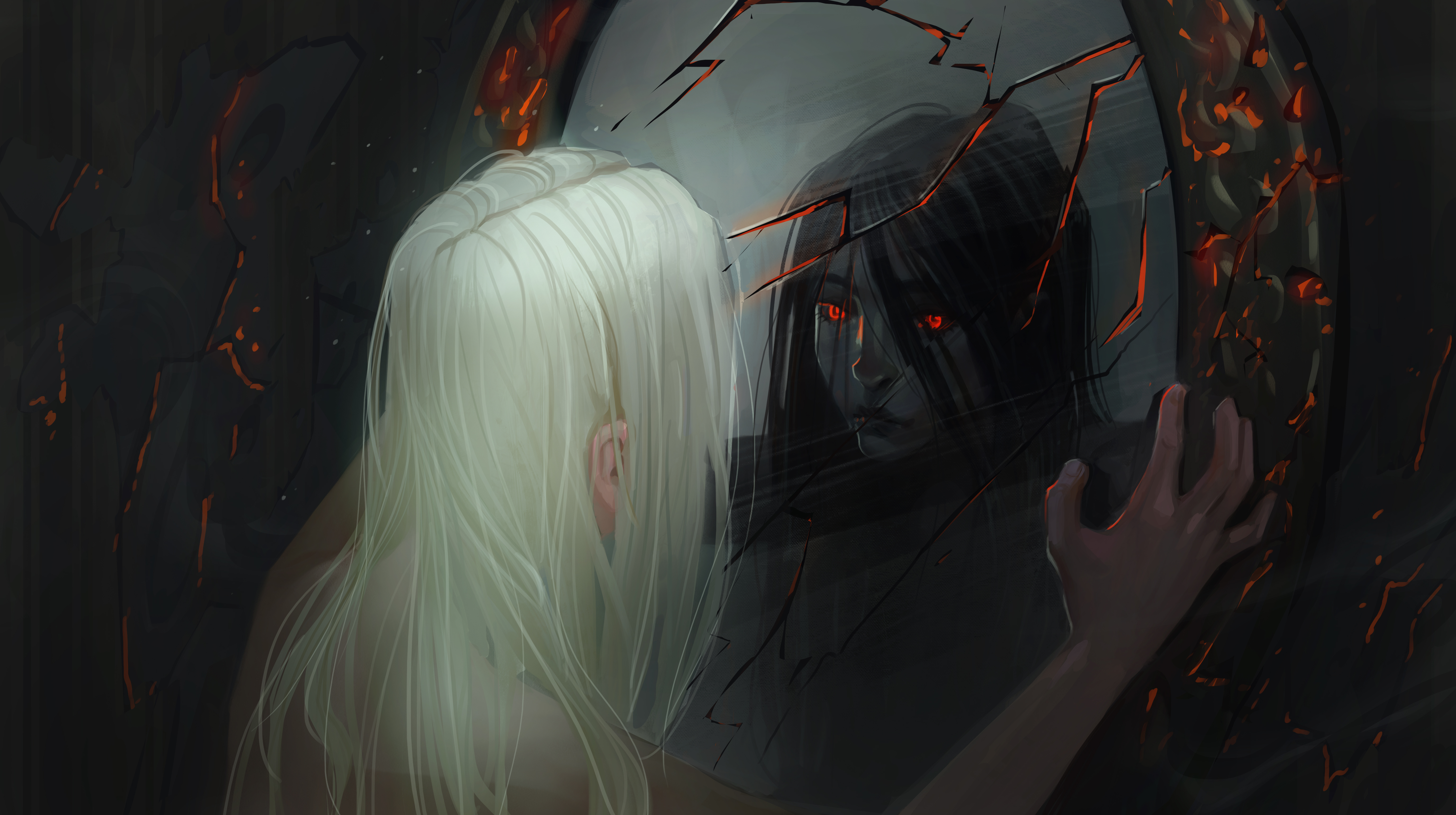 Woman looking into a cracked mirror at her dark reflection HD Wallpaper