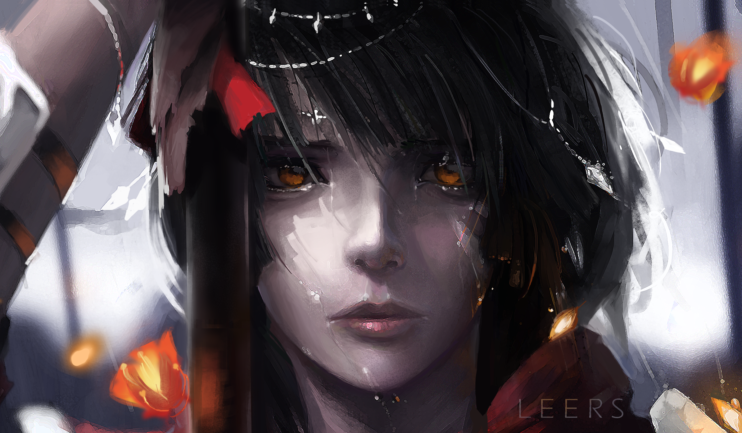 Woman with orange eyes and black hair in the rain HD Wallpaper