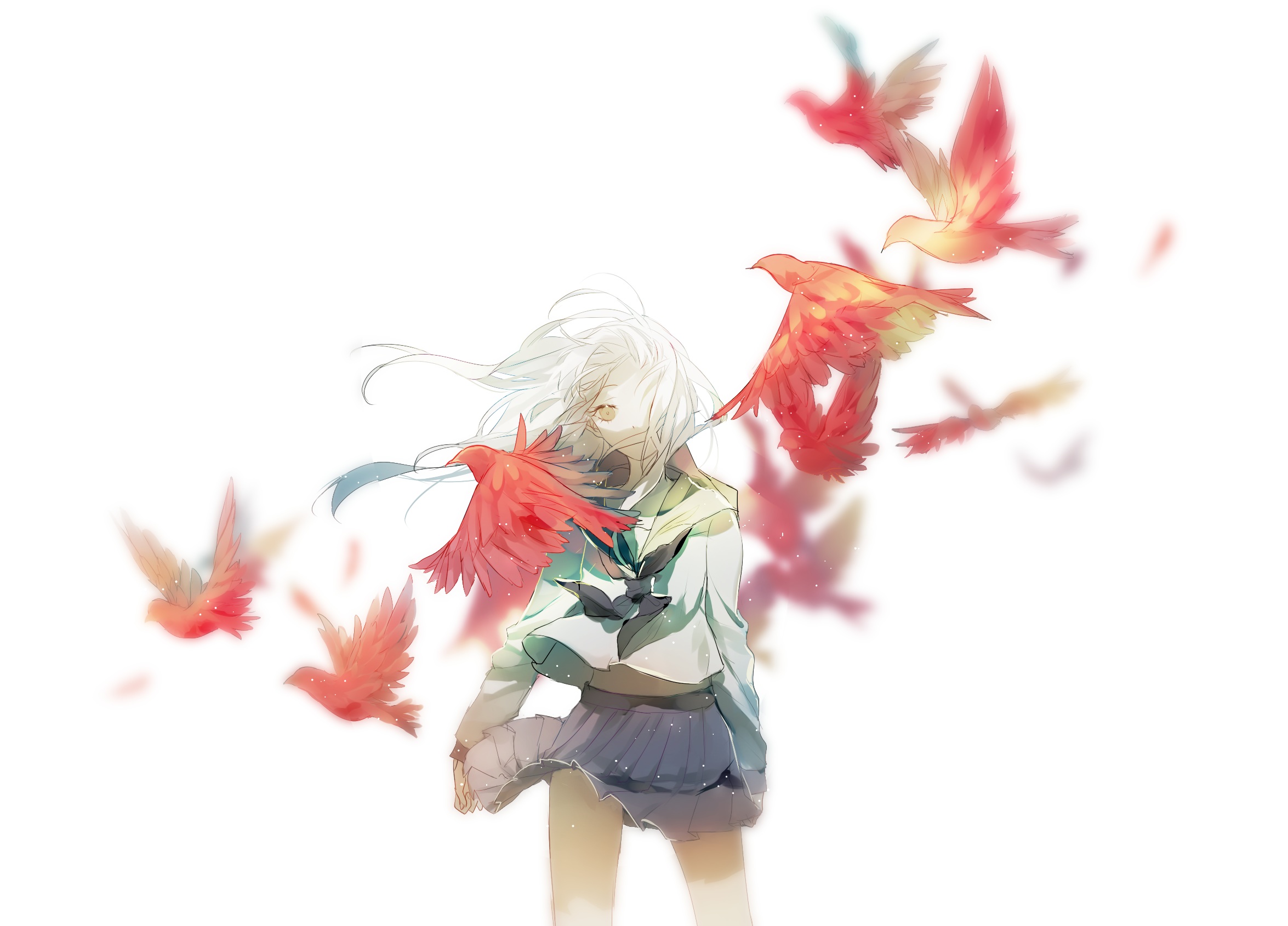 Anime girl with red birds flying around her HD Wallpaper