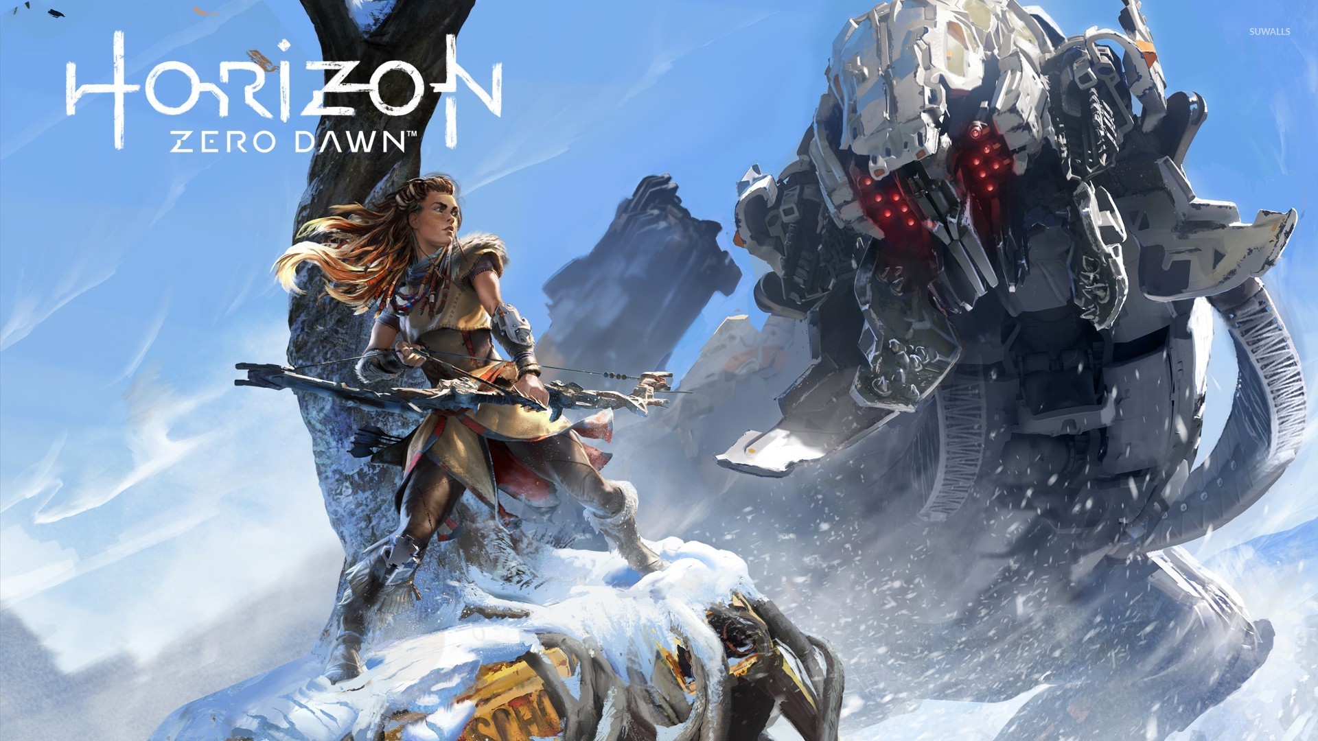 Aloy from Horizon Zero Dawn fighting a machine HD Wallpaper
