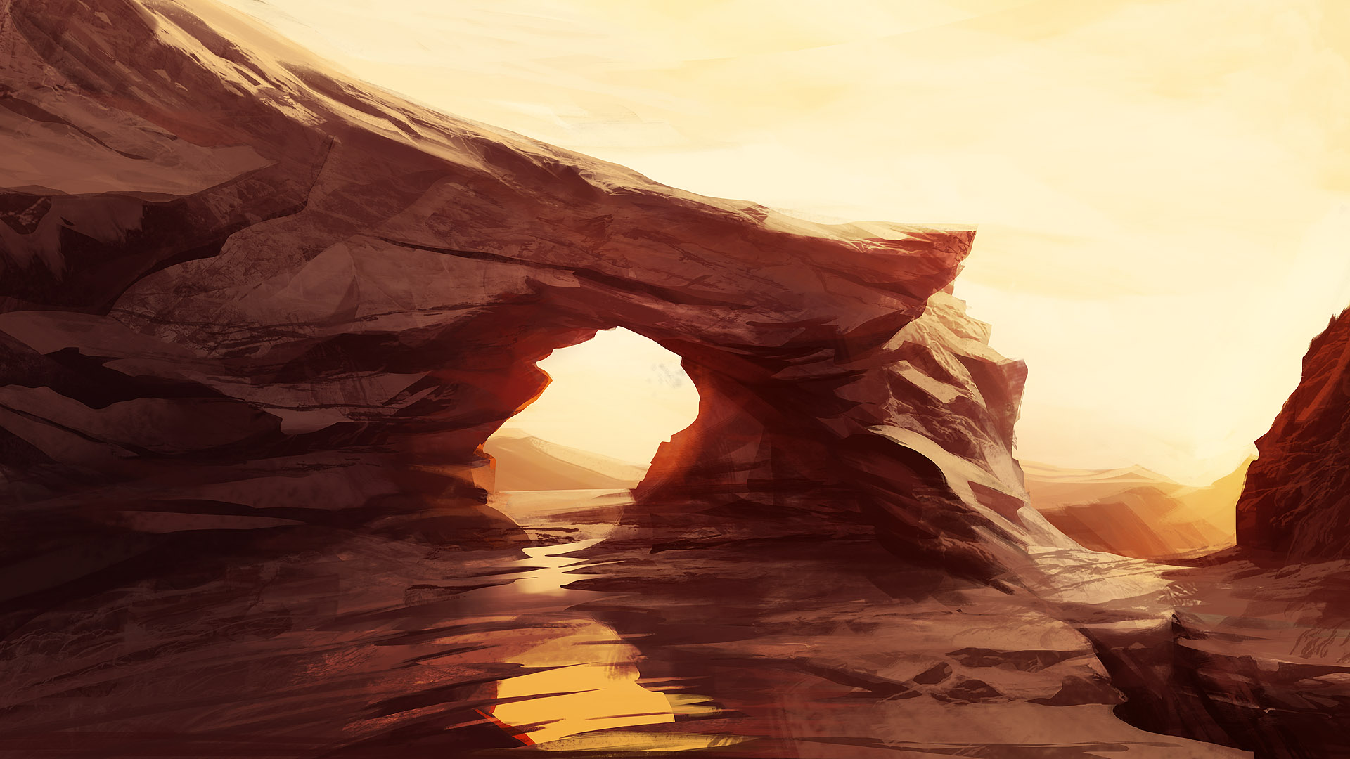 Digital painting of a rocky archway over water HD Wallpaper