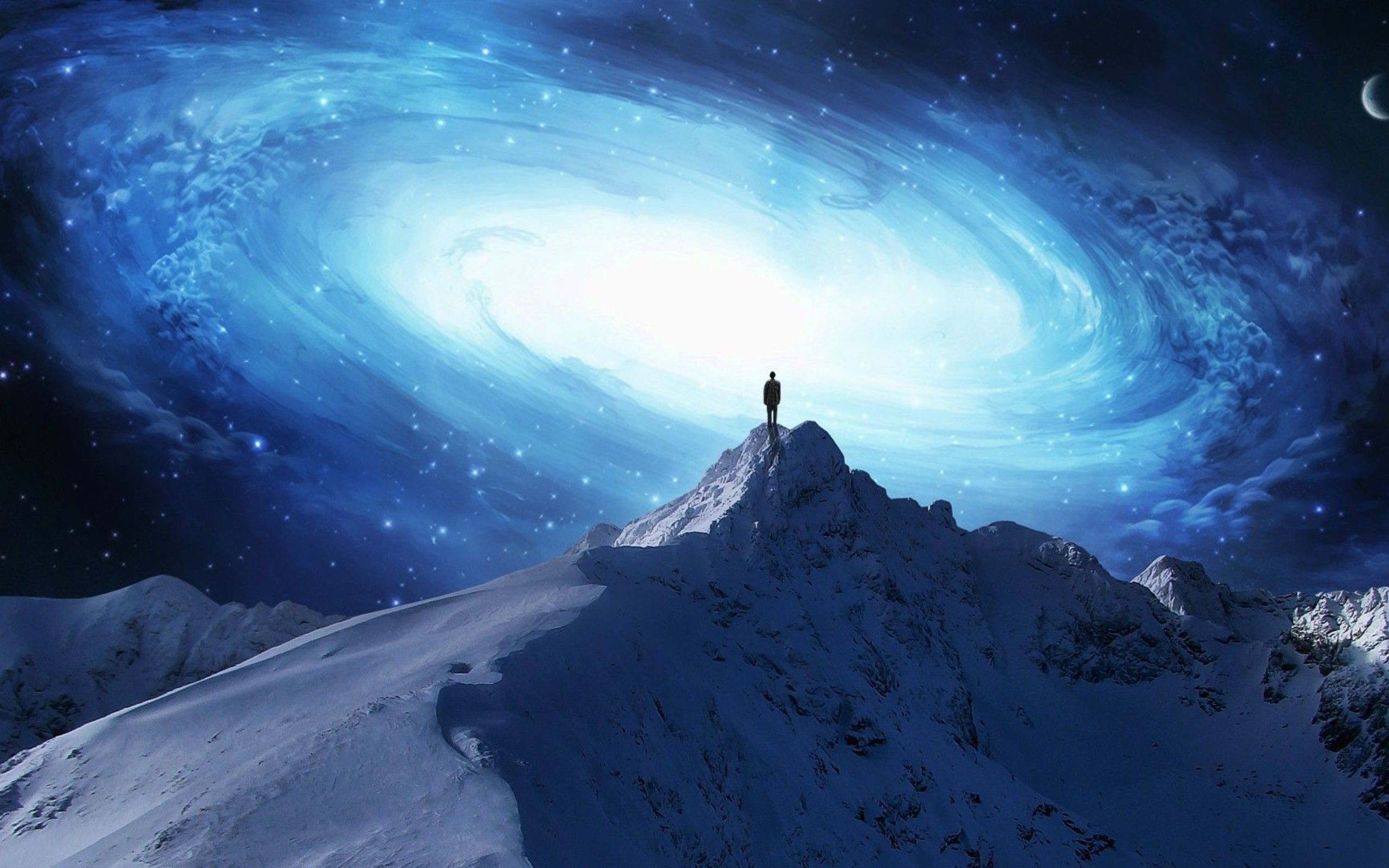 Man on mountain peak looking at galaxy HD Wallpaper