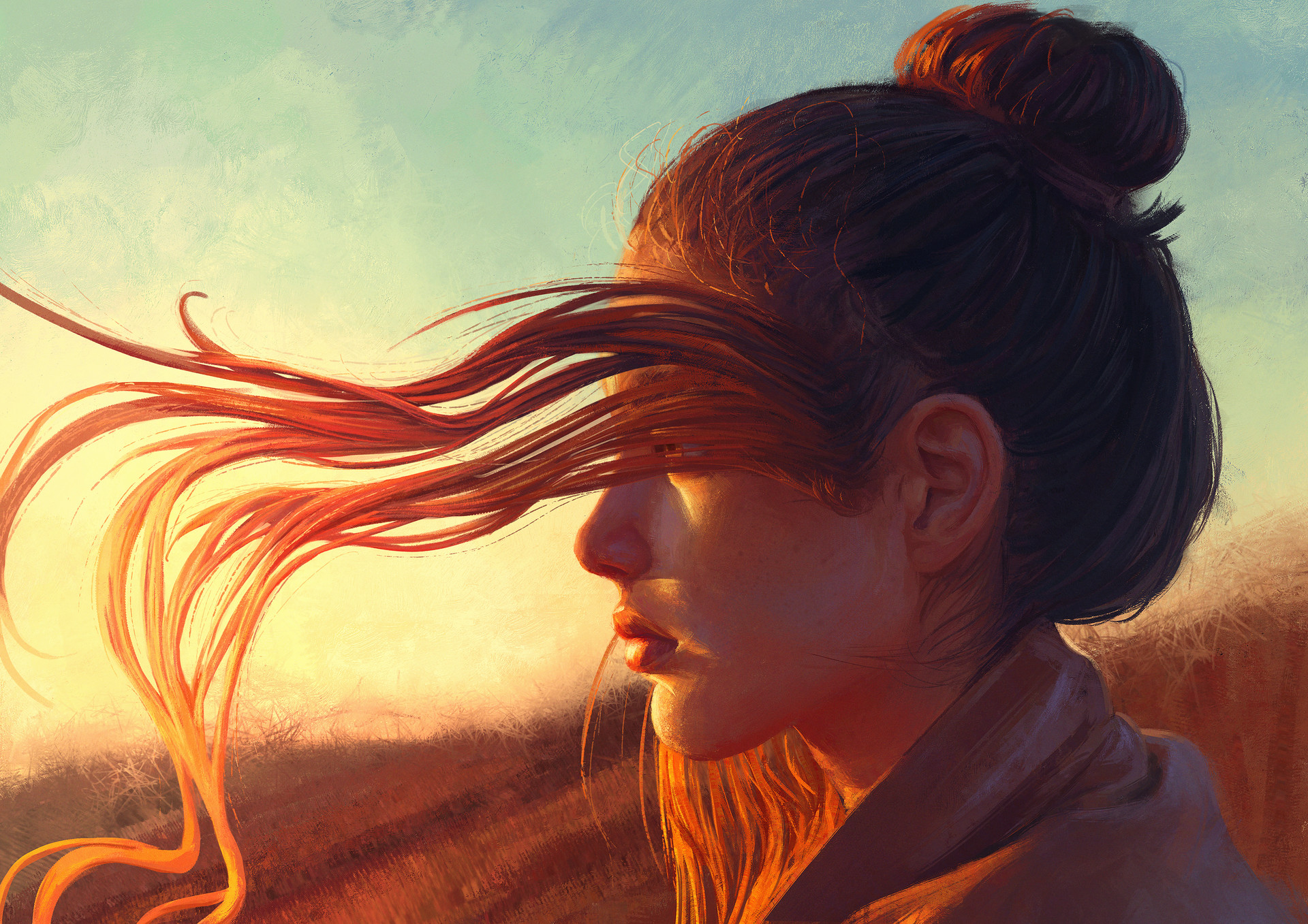 Artwork of a woman with long hair at sunset HD Wallpaper