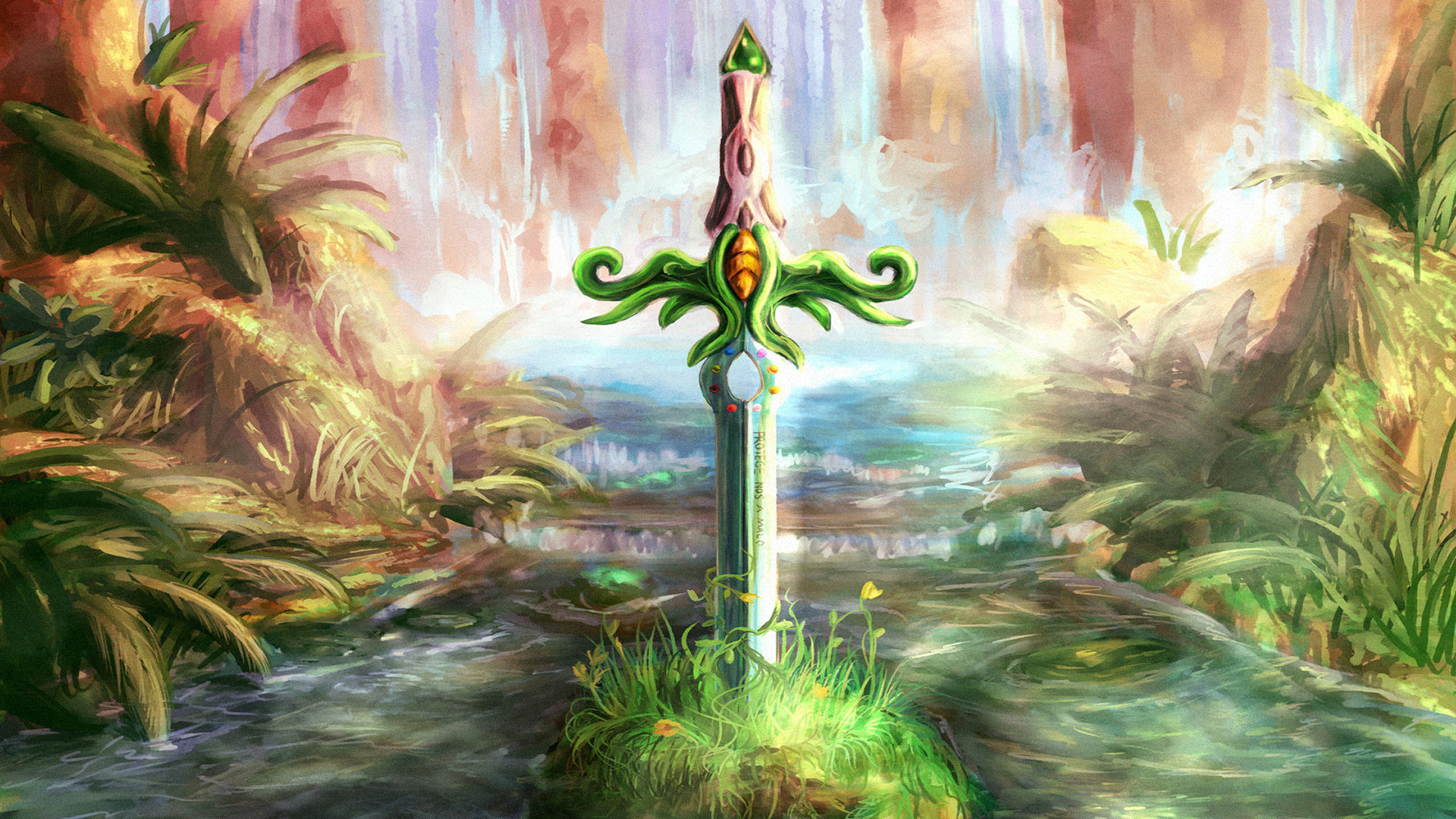 Sword in a mystical forest with waterfalls HD Wallpaper
