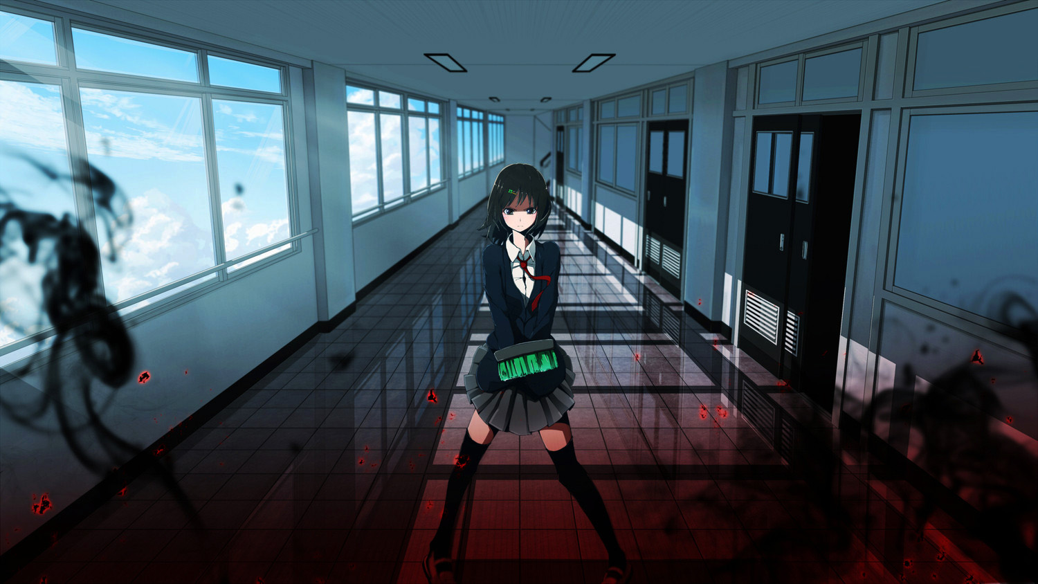 Schoolgirl with broom in dark hallway HD Wallpaper