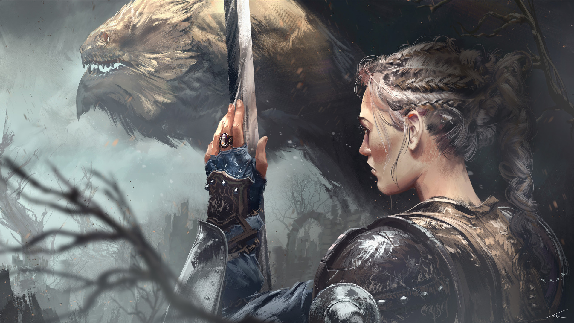 Warrior woman with sword facing a dragon HD Wallpaper