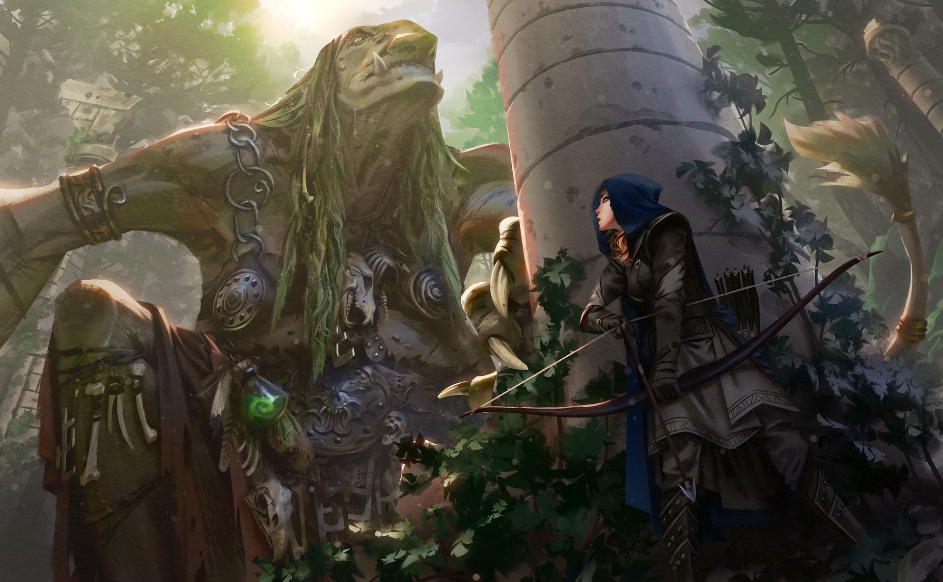 Archer facing a giant troll in a forest HD Wallpaper