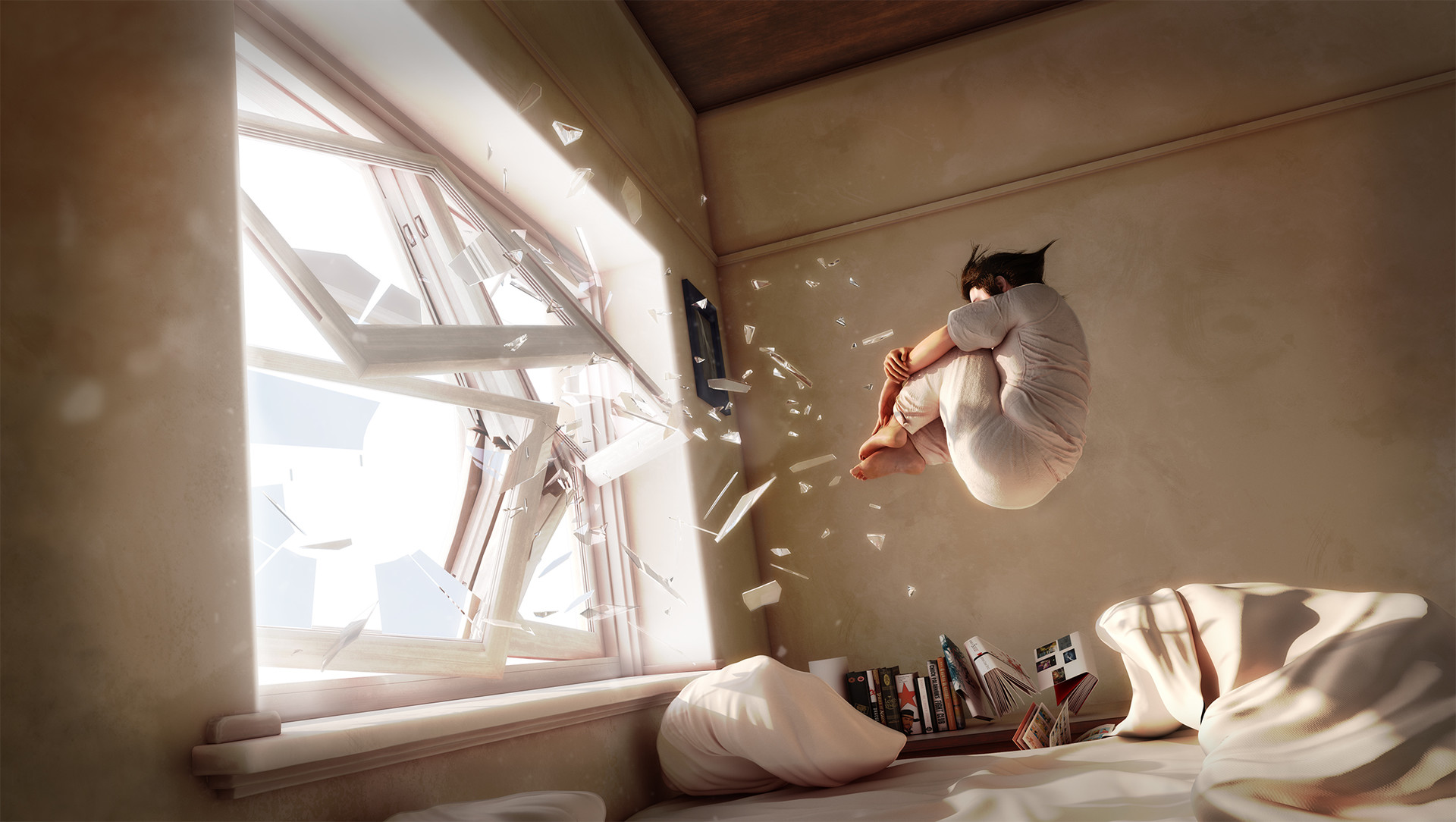 Person floating in room with broken window HD Wallpaper