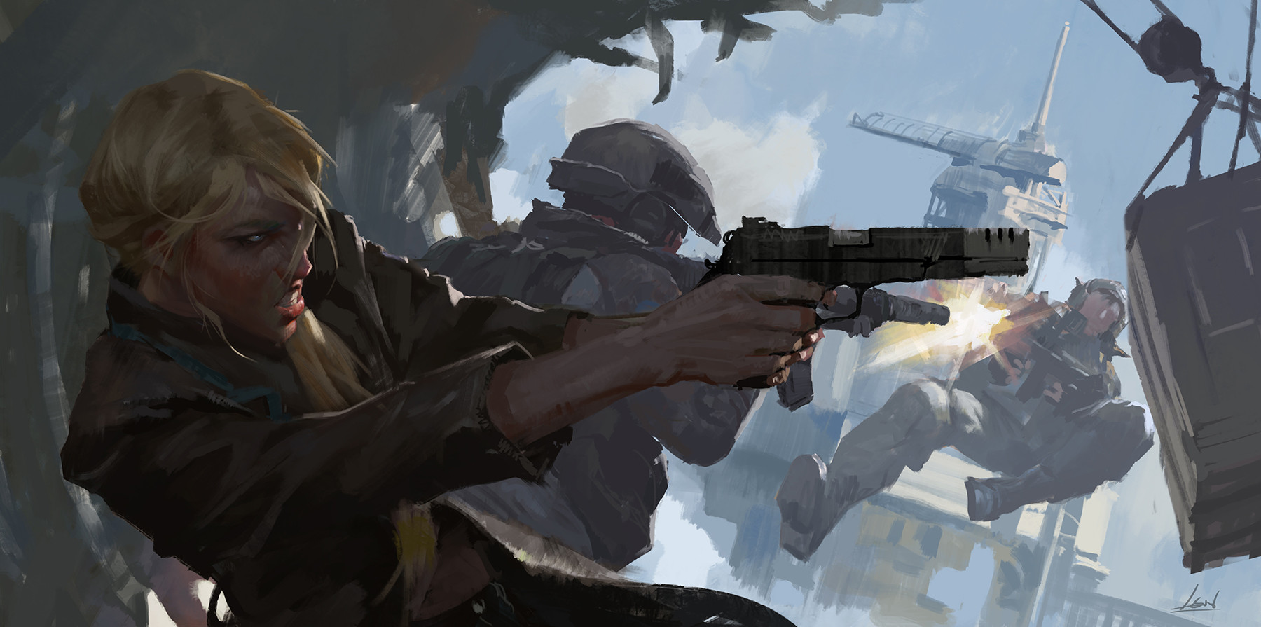Woman firing a handgun in a battle HD Wallpaper