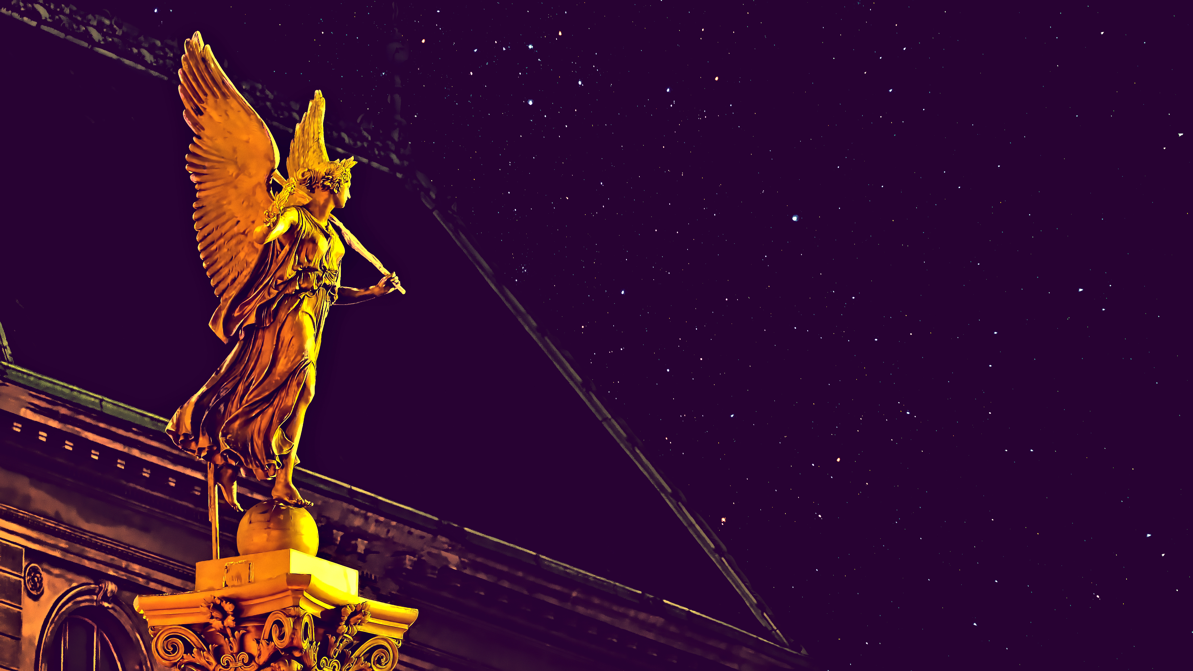 Golden angel statue at night with stars HD Wallpaper