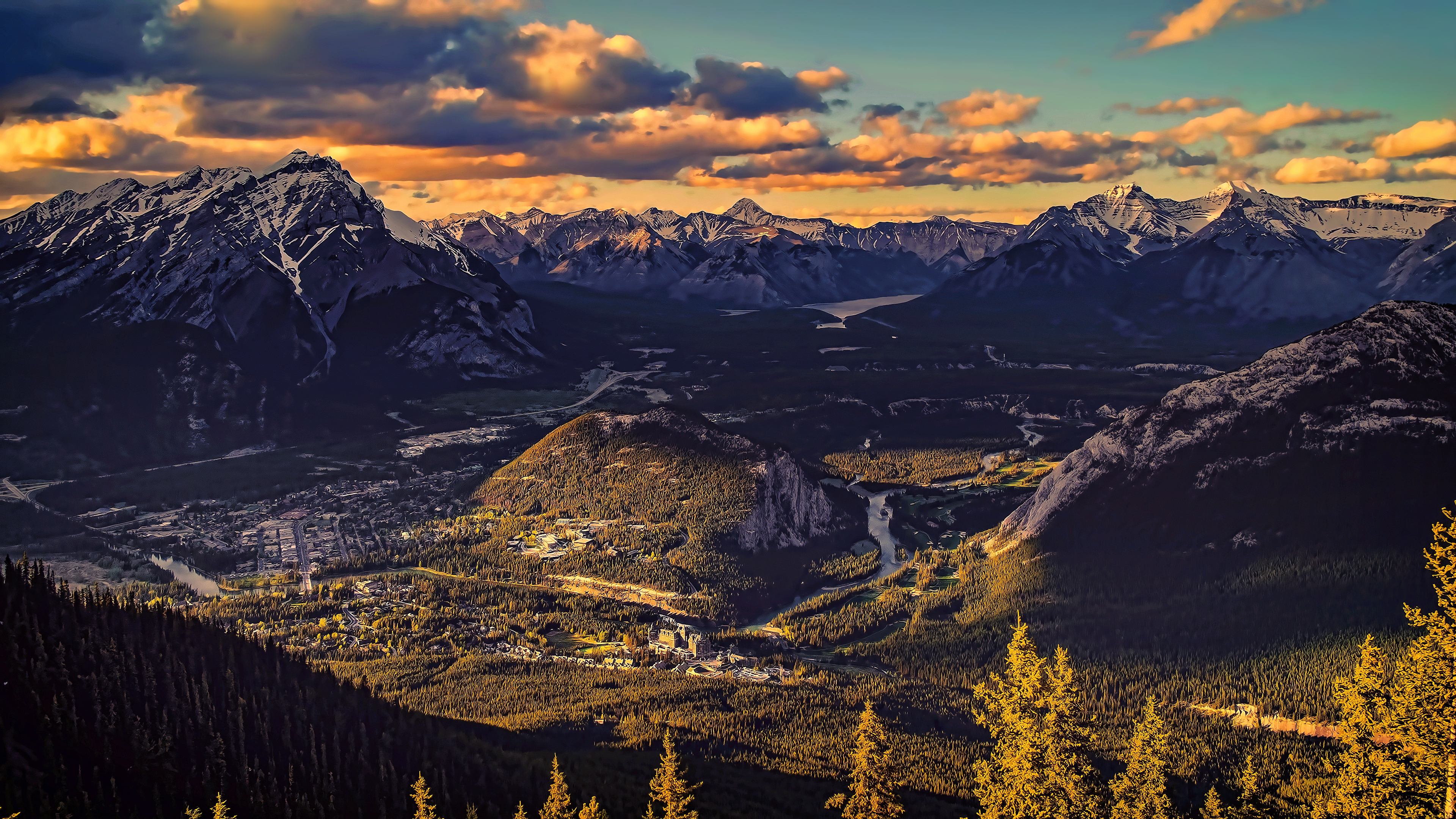 Banff Valley Mountains at Sunset HD Wallpaper