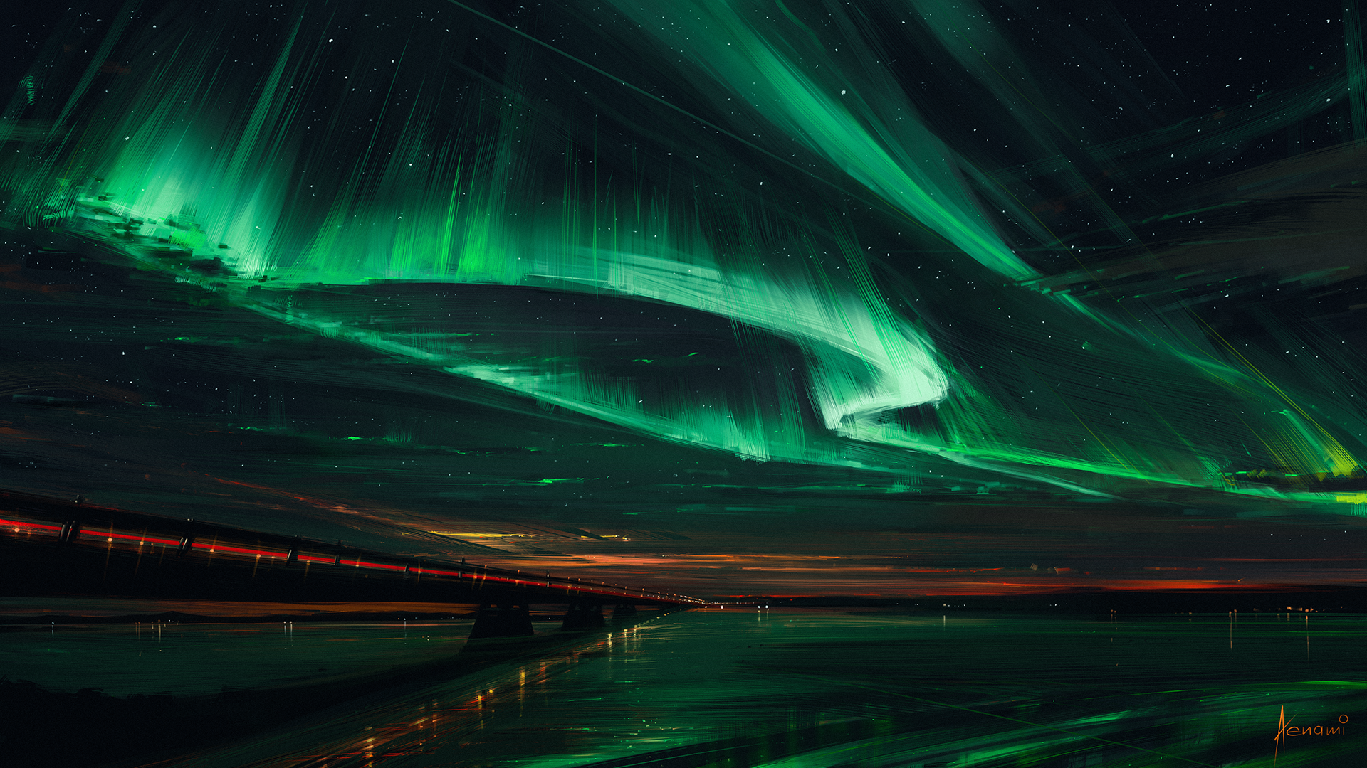 Aurora Borealis over a bridge and water HD Wallpaper