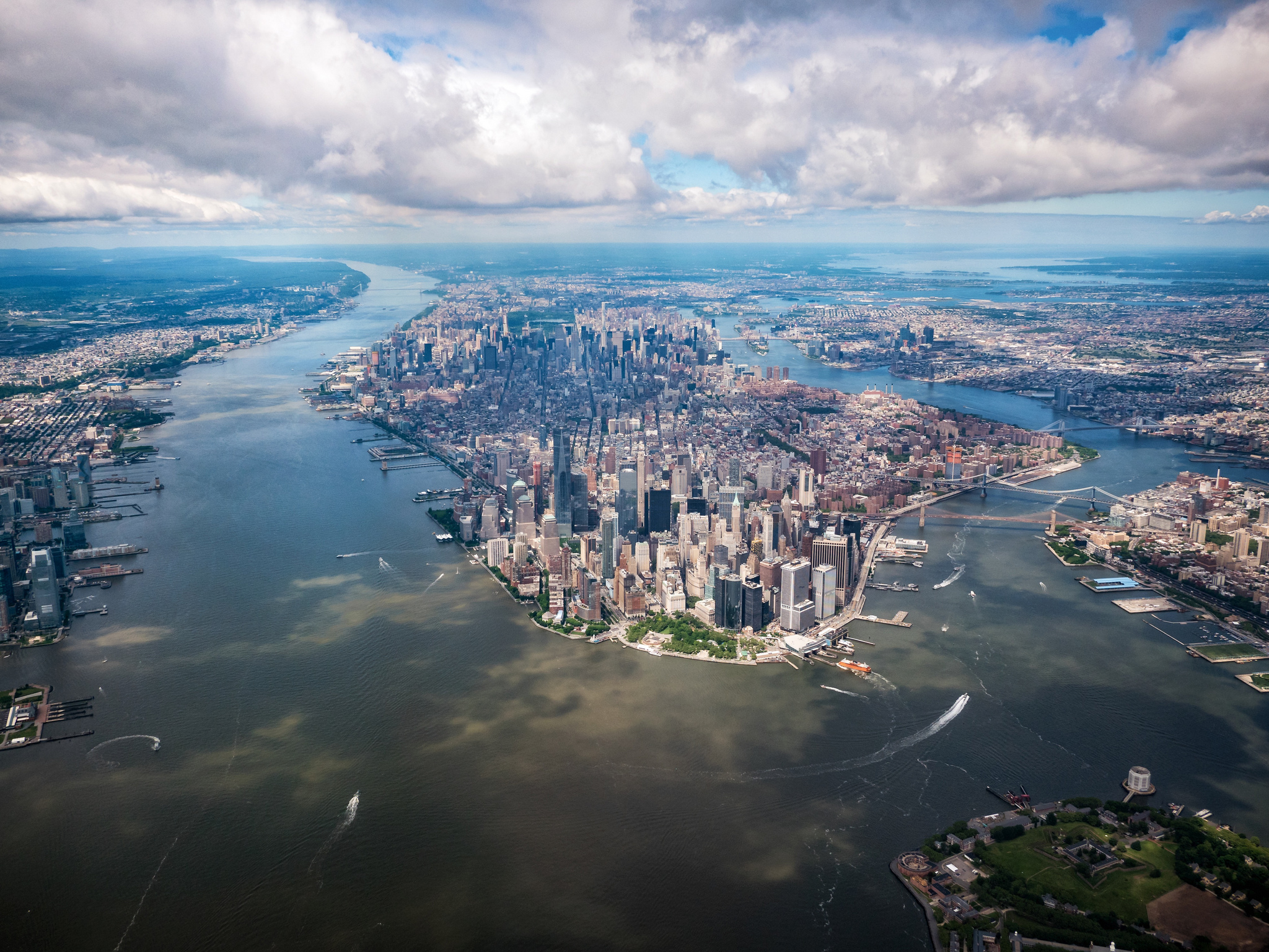 Aerial view of Manhattan, New York City skyline and river HD Wallpaper